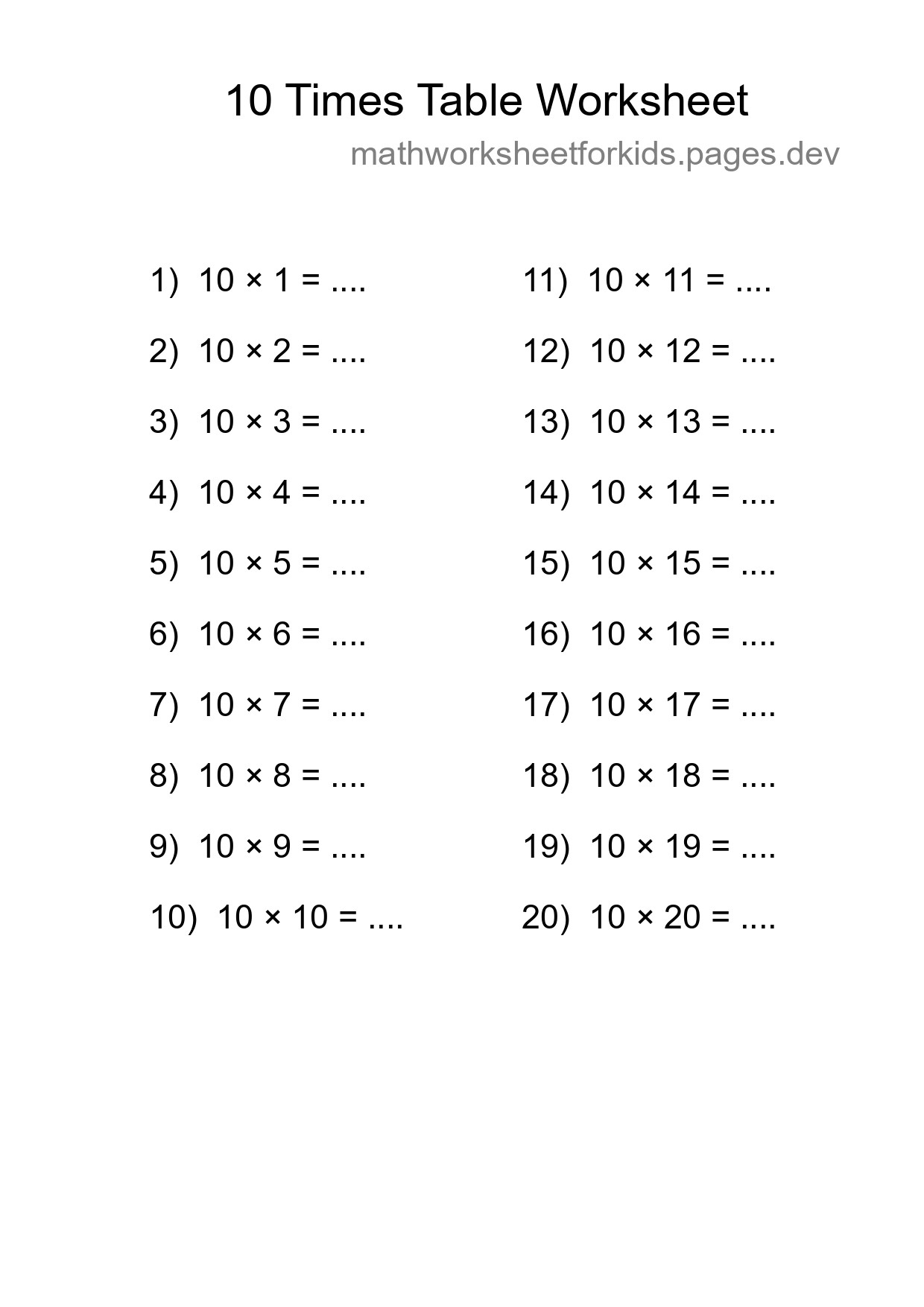 10 Times Table Worksheet For Grade 3 - Part 139