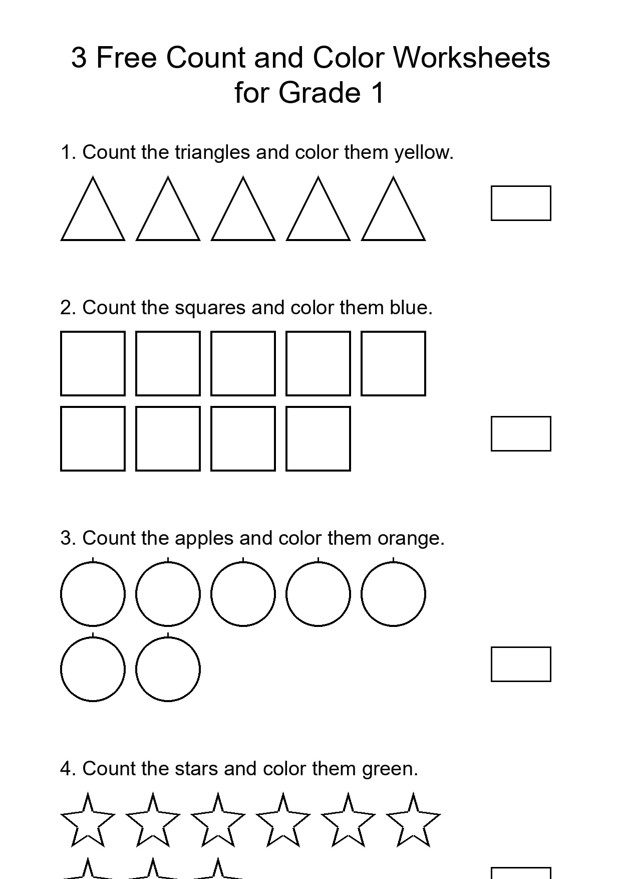 3 Free Count and Color Worksheets for Grade 1