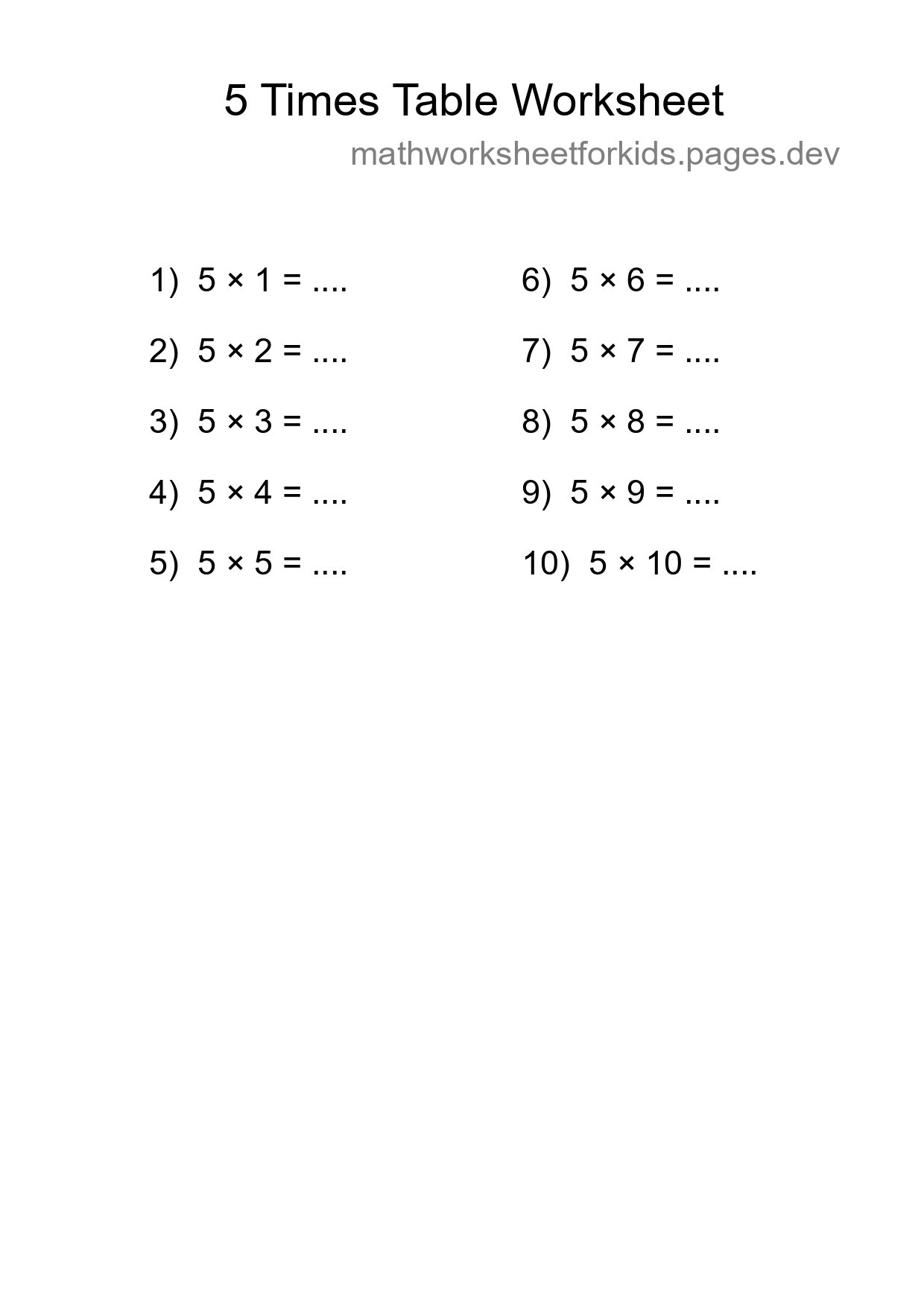 5 Times Table Worksheet For Grade 2 - Part 189