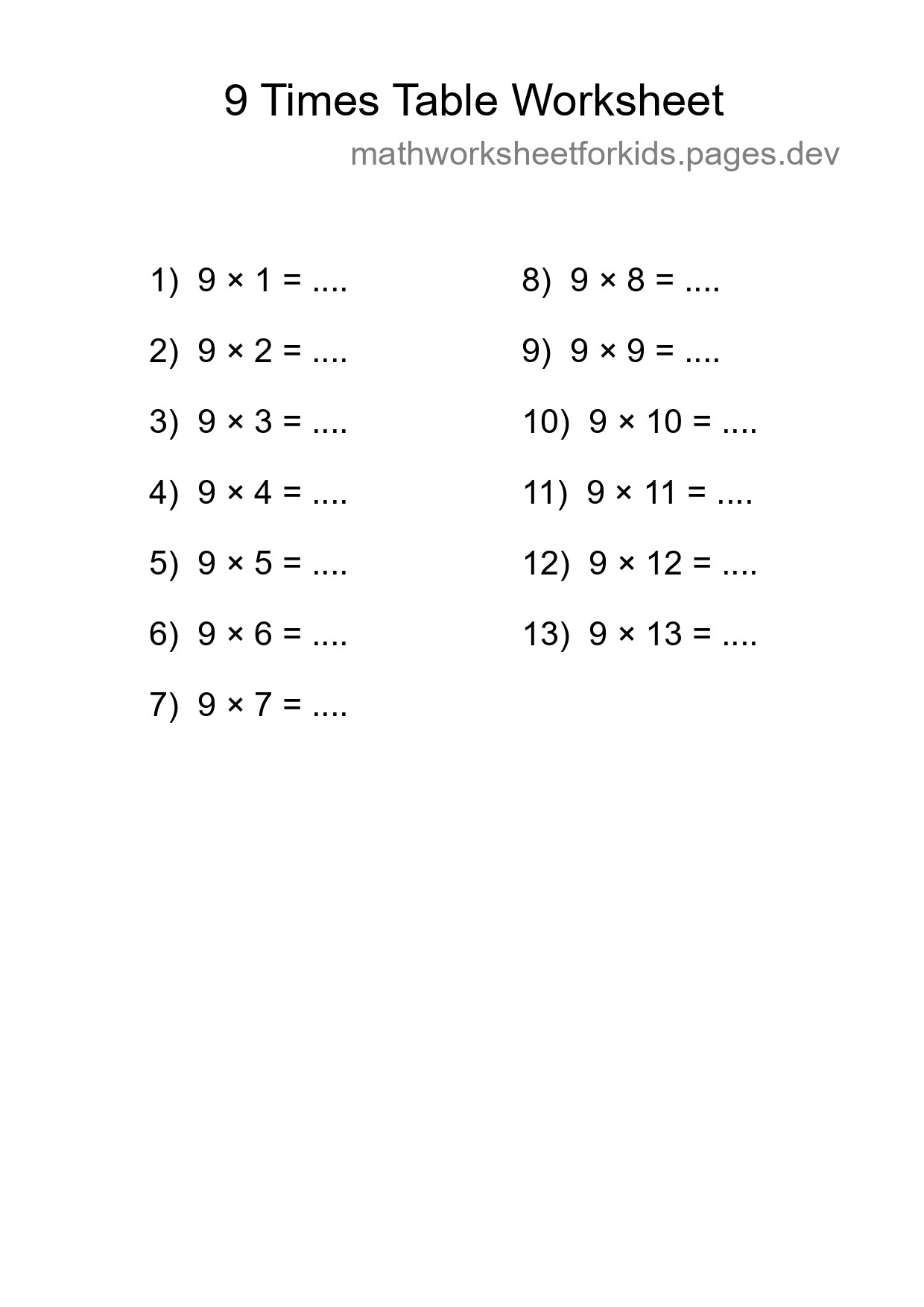 9 Times Table Worksheet For Grade 3 With Answers - Part 269