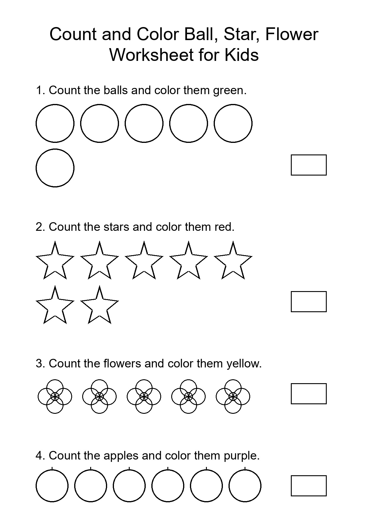 Count and Color Ball, Star, Flower Worksheet for Kids