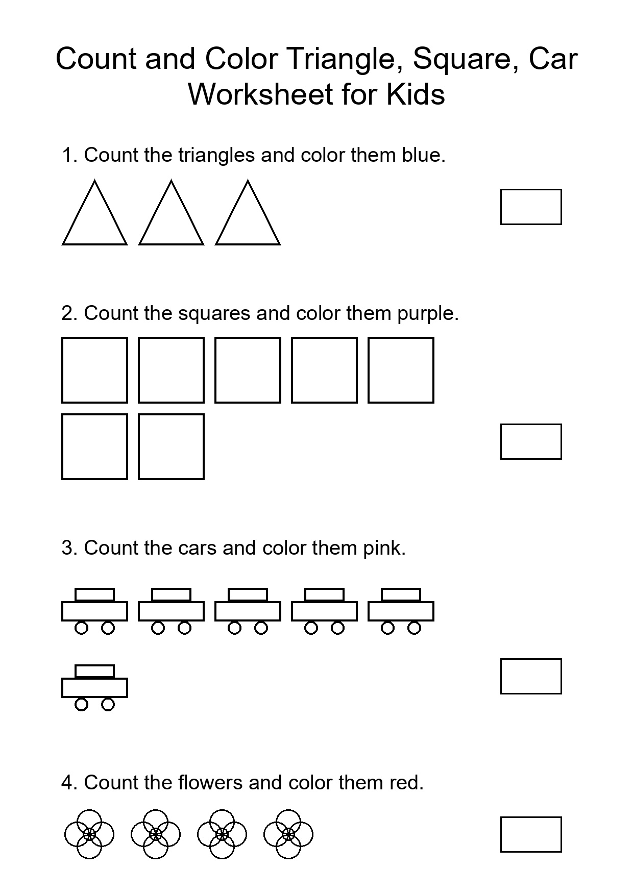 Count and Color Triangle, Square, Car Worksheet for Kids