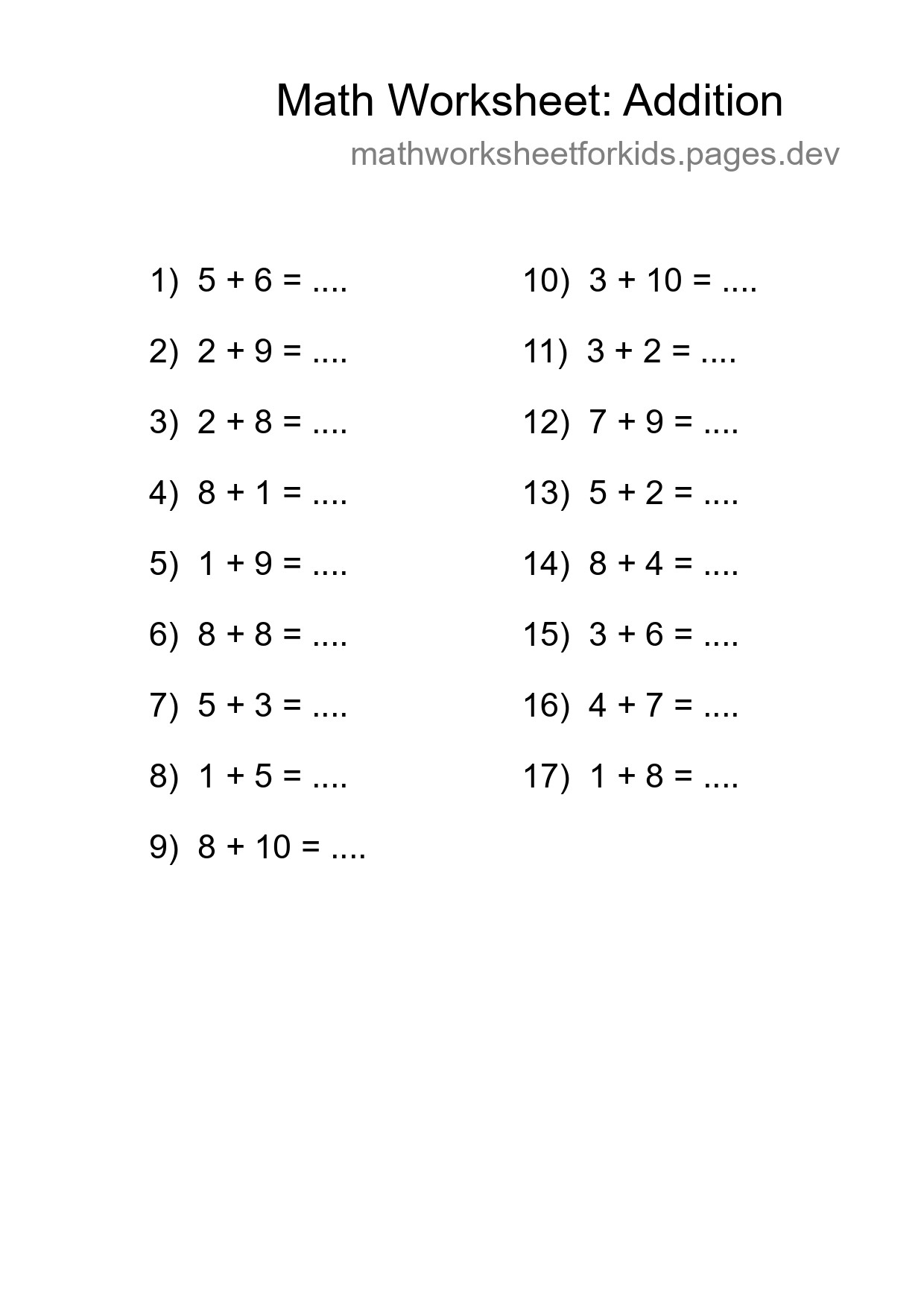 Free 17 Addition Math Worksheet For Grade 1 With Answers - Part 111