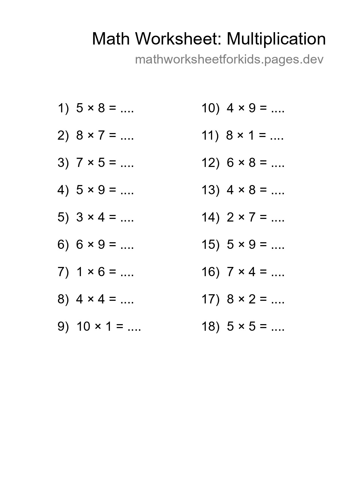Free 18 Multiplication Math Worksheet For Grade 1 With Answers - Part 47