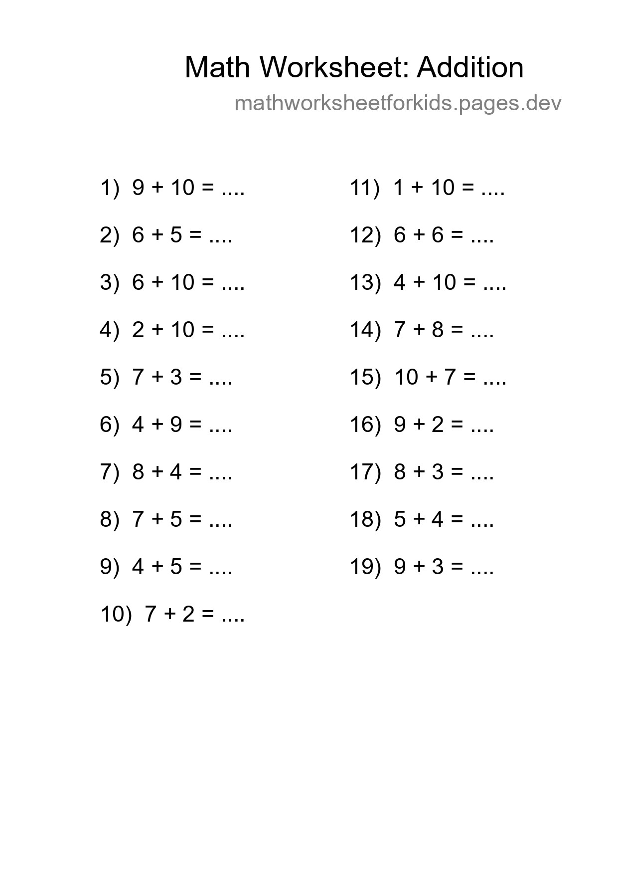 Free 19 Addition Math Worksheet For Grade 1 - Part 181