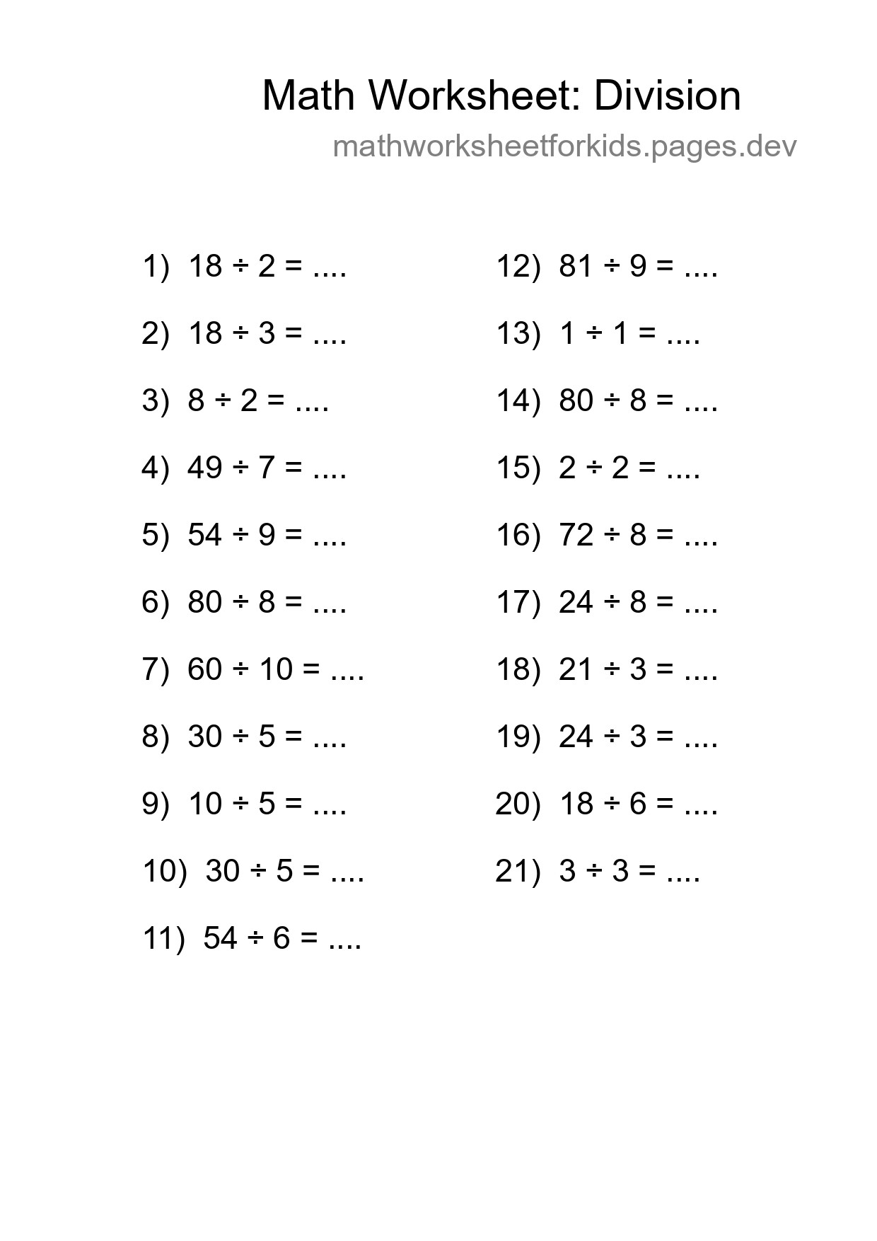 Free 21 Division Math Worksheet For Grade 1 With Answers - Part 124