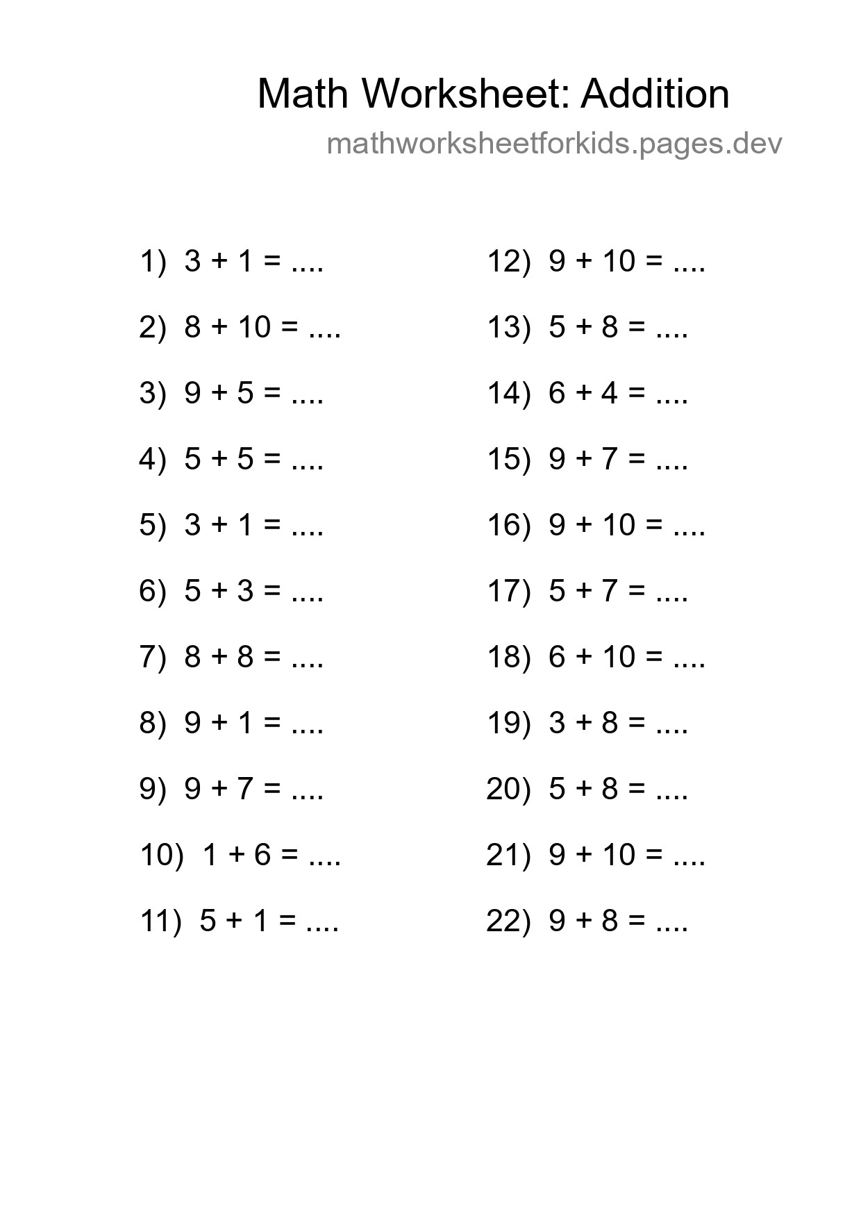 Free 22 Addition Math Worksheet For Grade 1 With Answers - Part 131