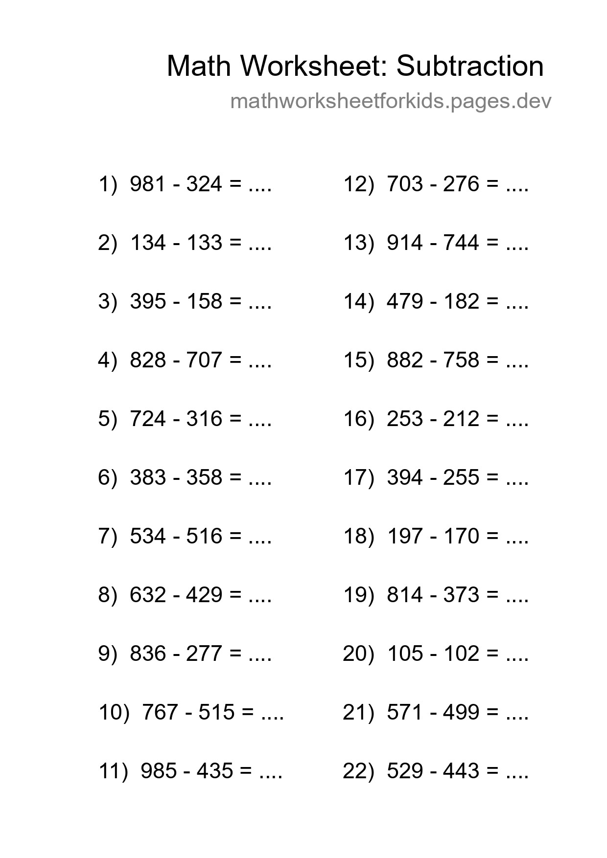 Free 22 Subtraction Math Worksheet For Grade 5 - Part 278