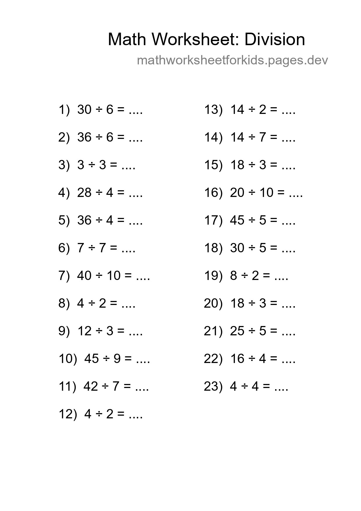 Free 23 Division Math Worksheet For Grade 1 With Answers - Part 294