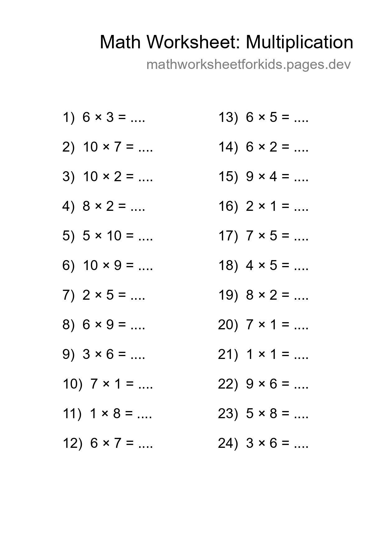 Free 24 Multiplication Math Worksheet For Grade 1 With Answers - Part 237