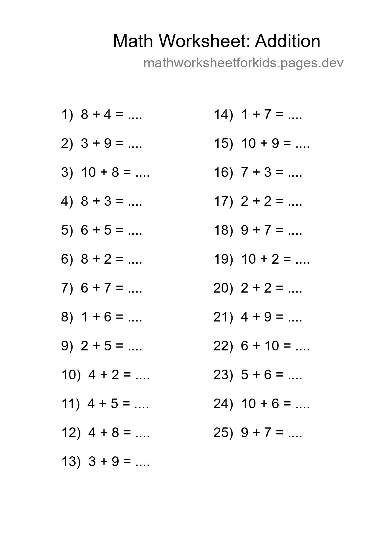 Free 25 Addition Math Worksheet For Grade 1 - Part 11