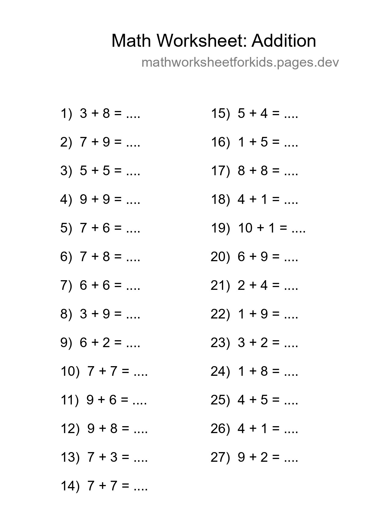Free 27 Addition Math Worksheet For Grade 1 - Part 171