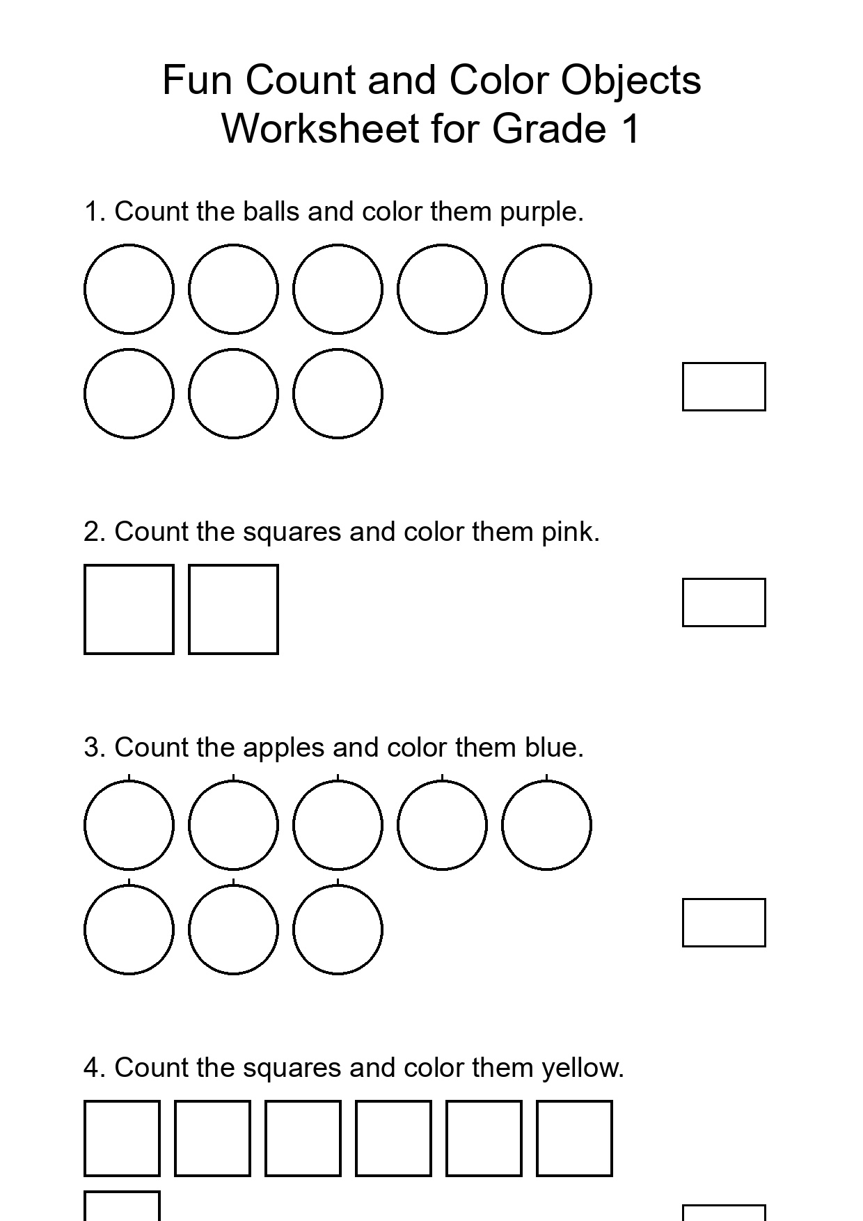 Fun Count and Color Objects Worksheet for Grade 1