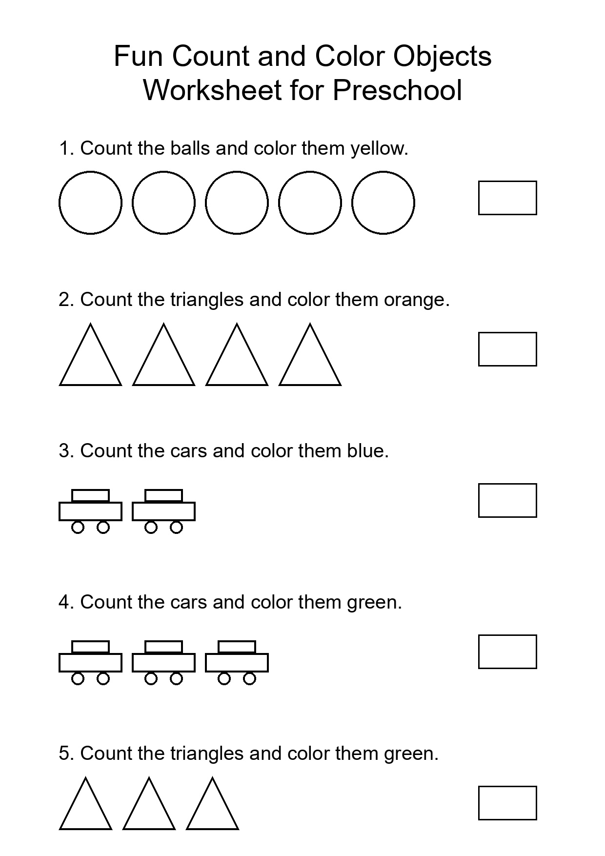 Fun Count and Color Objects Worksheet for Preschool