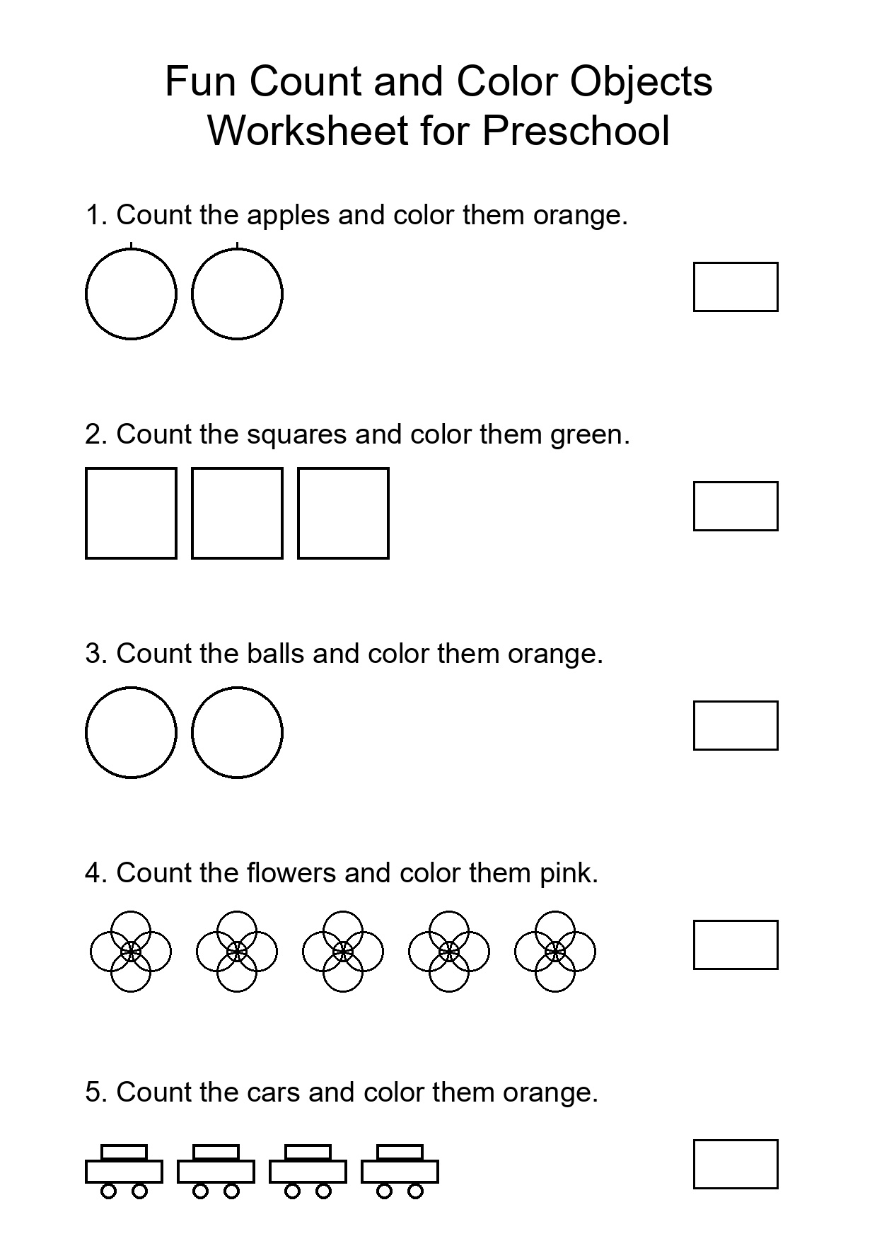 Fun Count and Color Objects Worksheet for Preschool