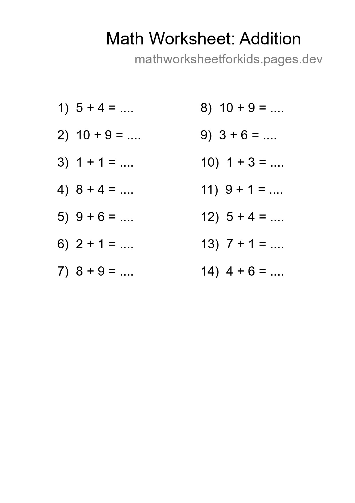 Grade 1 Addition Practice Worksheet (14 Problems)