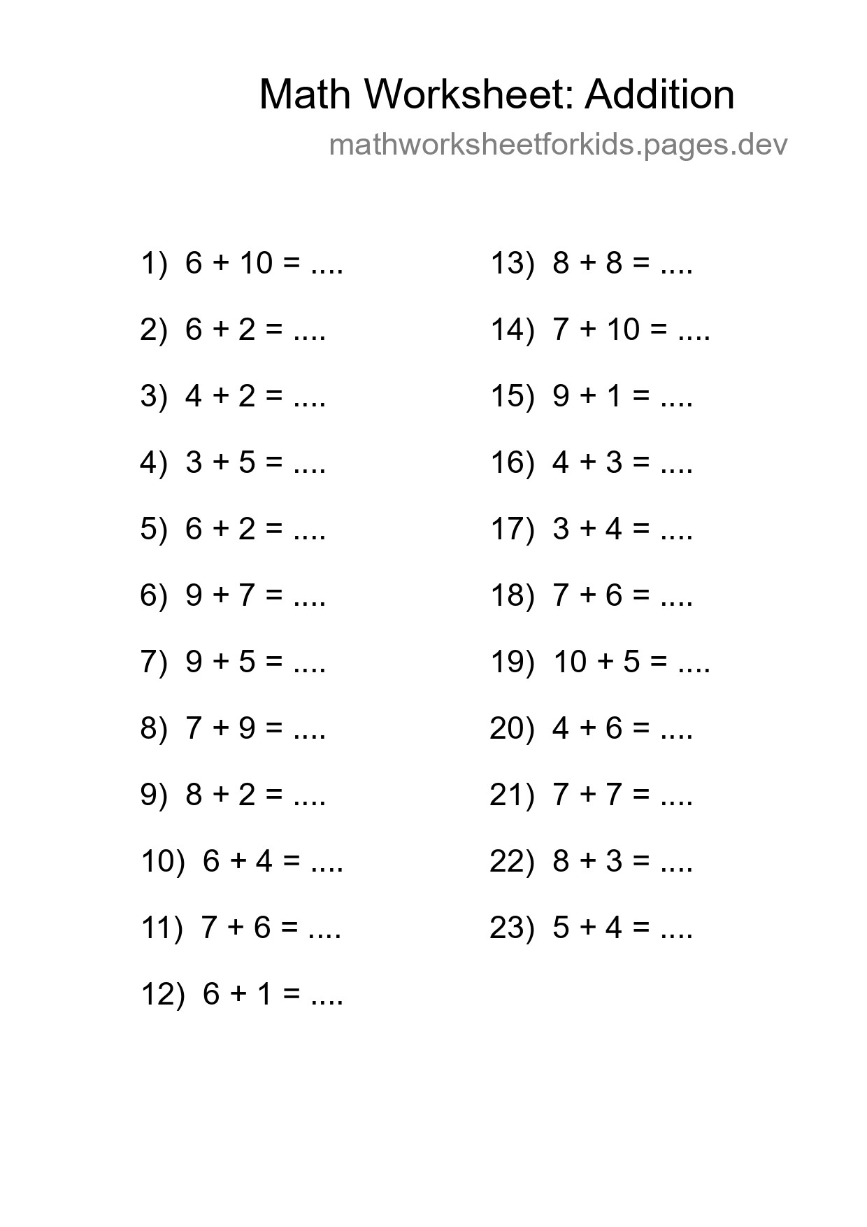 Grade 1 Addition Practice Worksheet (23 Problems) - Part 21