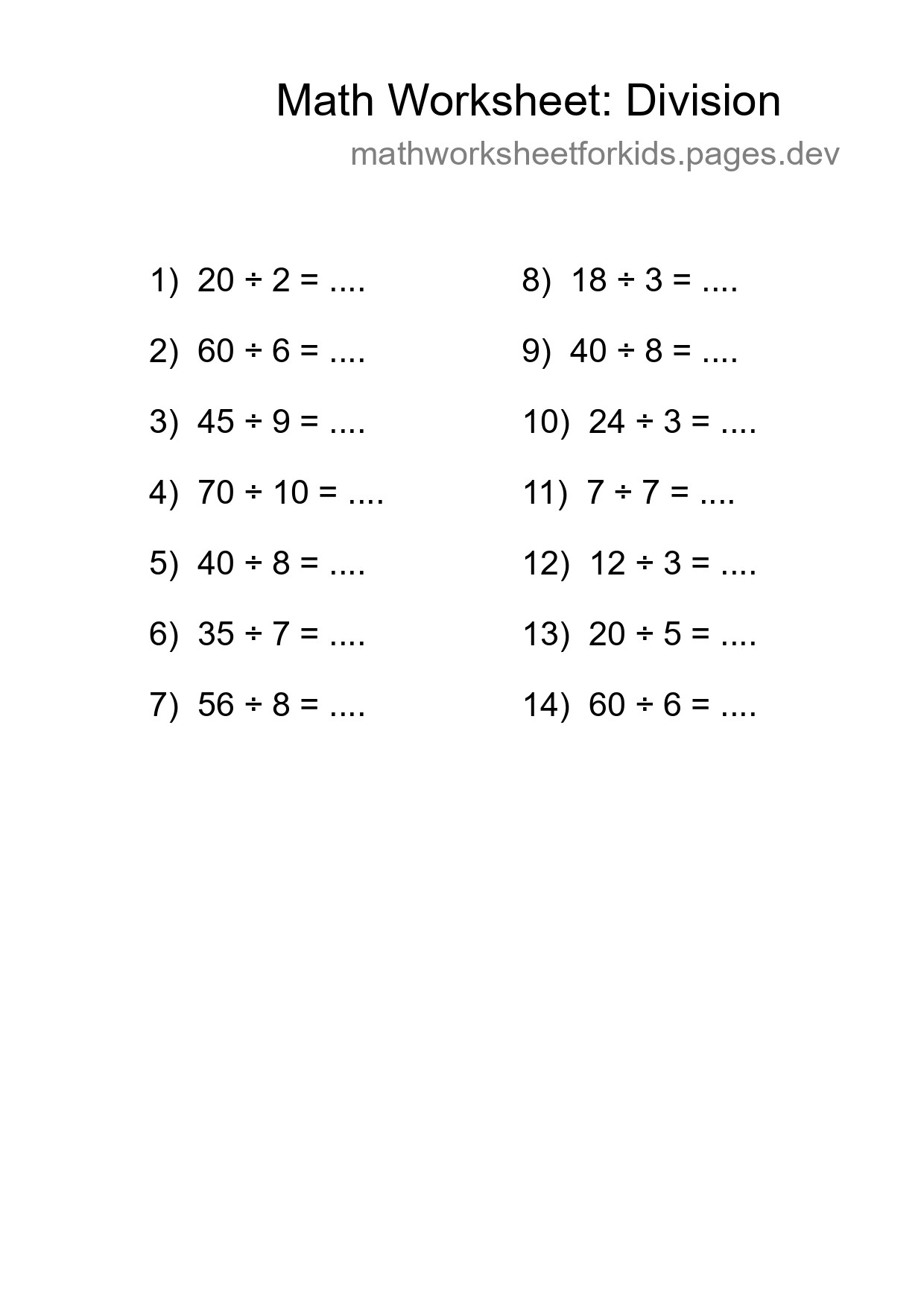 Grade 1 Division Practice Worksheet (14 Problems) - Part 254