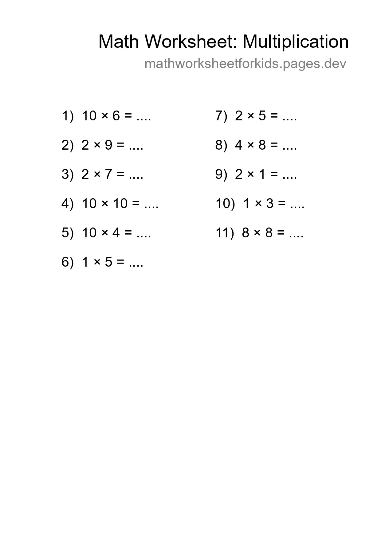 Grade 1 Multiplication Practice Worksheet (11 Problems) - Part 287