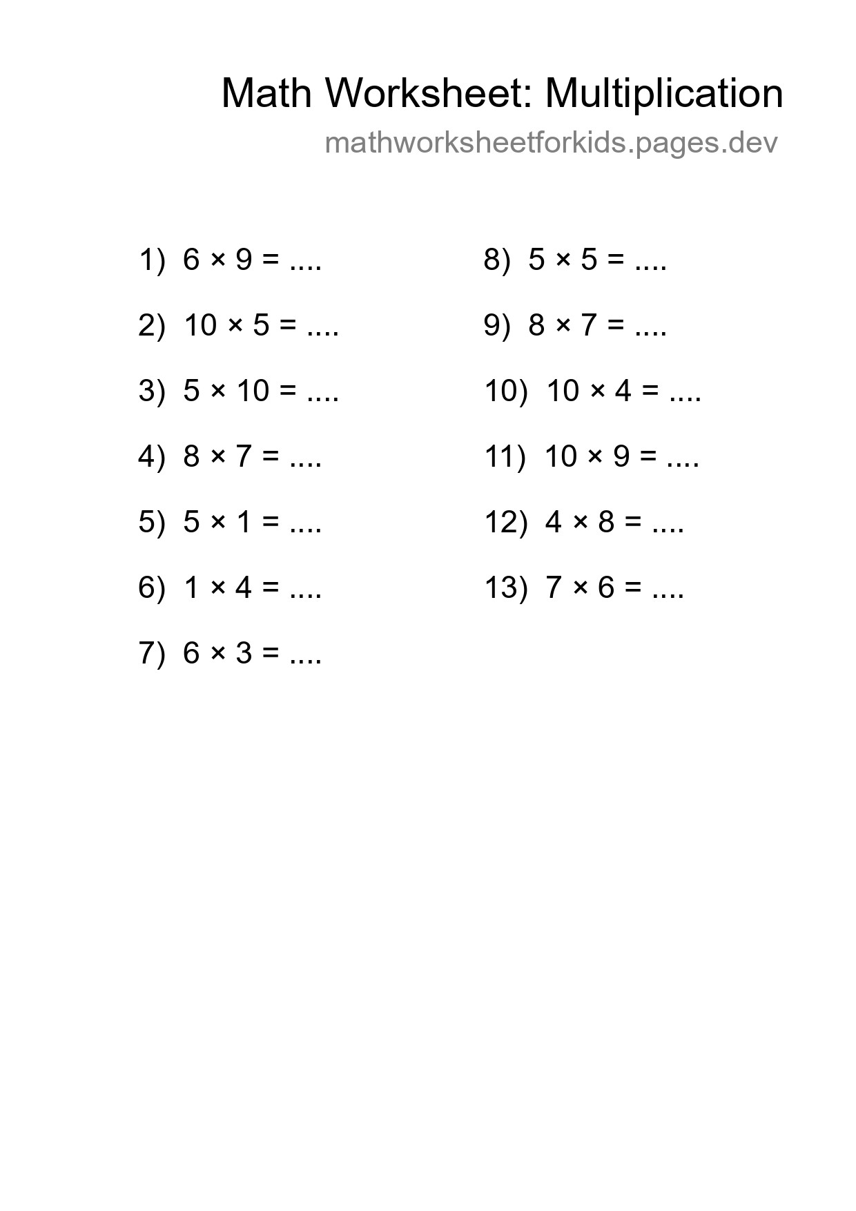 Grade 1 Multiplication Practice Worksheet (13 Problems) - Part 17