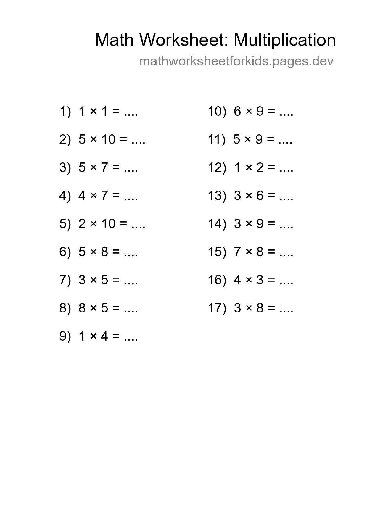 Grade 1 Multiplication Practice Worksheet (17 Problems) - Part 57