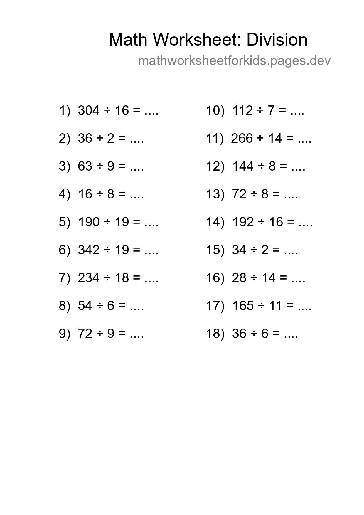 Grade 2 Division Practice Worksheet (18 Problems) - Part 94