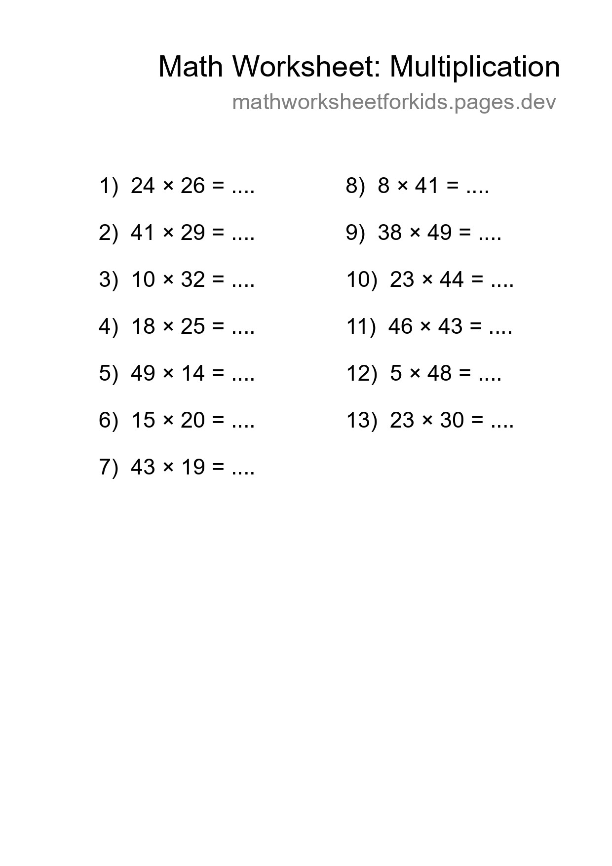 Grade 2 Multiplication Practice Worksheet (13 Problems) - Part 177