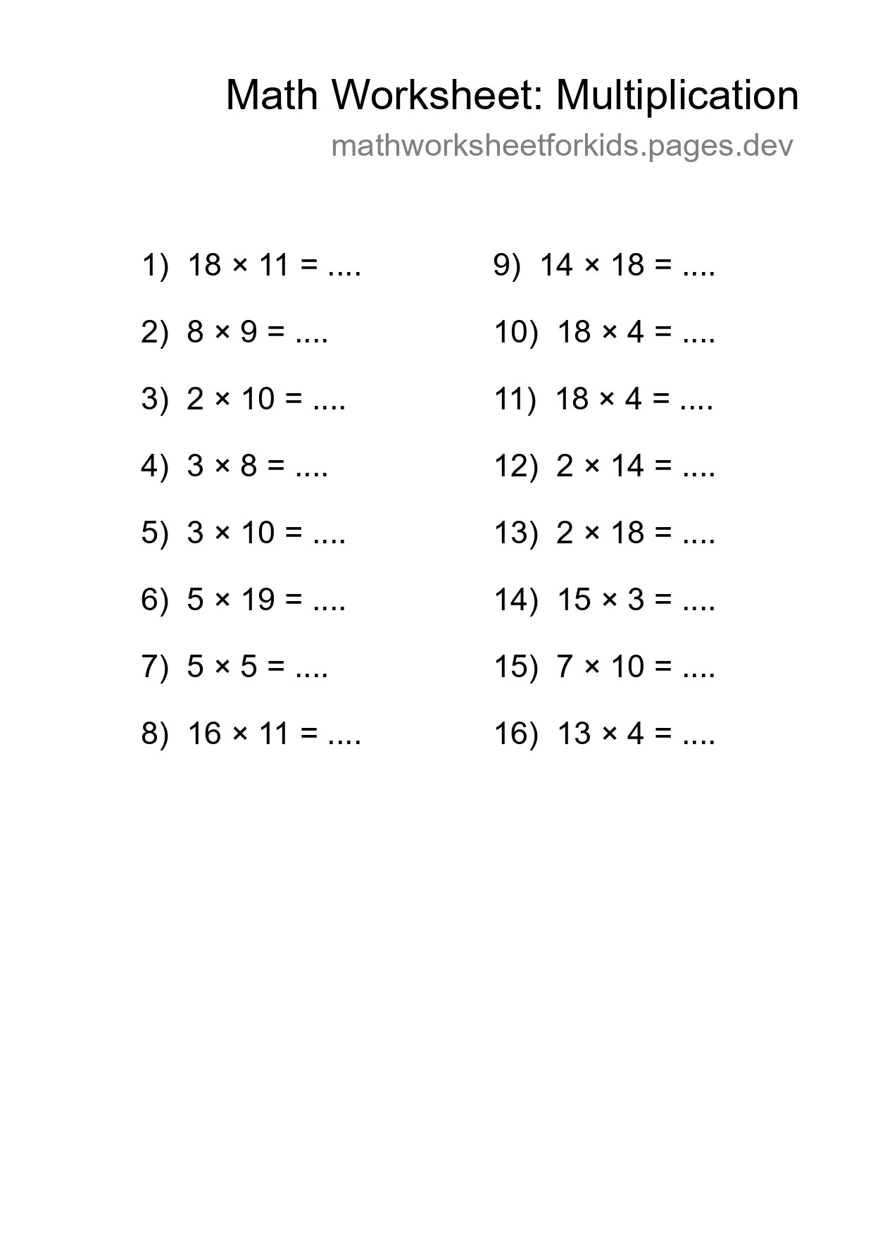 Grade 2 Multiplication Practice Worksheet (16 Problems) - Part 297