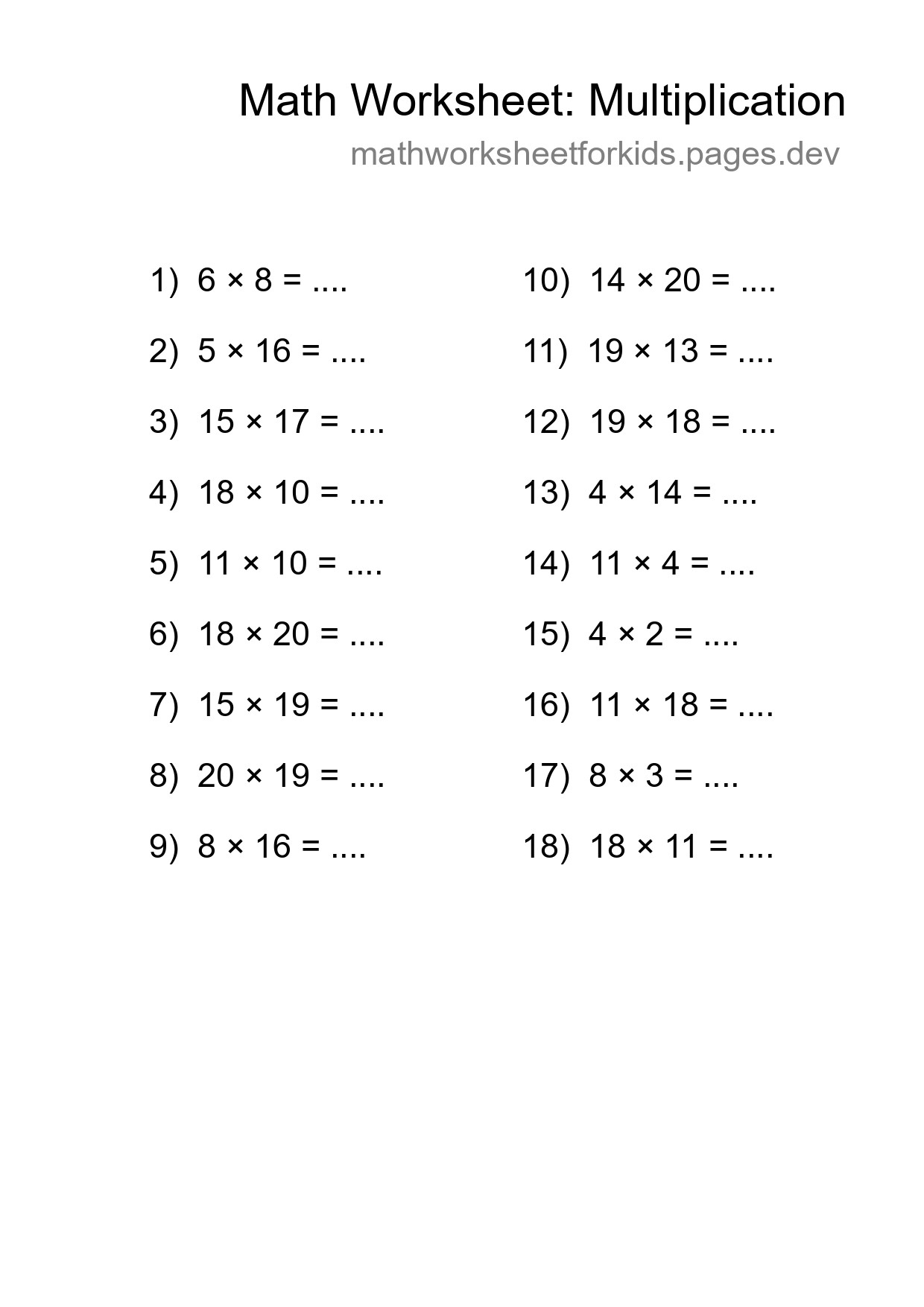 Grade 2 Multiplication Practice Worksheet (18 Problems) - Part 267