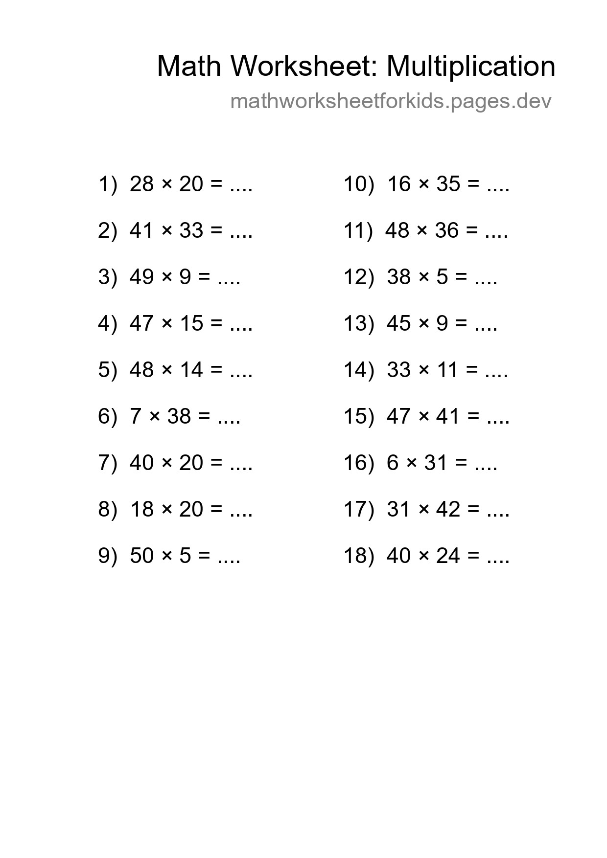 Grade 2 Multiplication Practice Worksheet (18 Problems) - Part 67