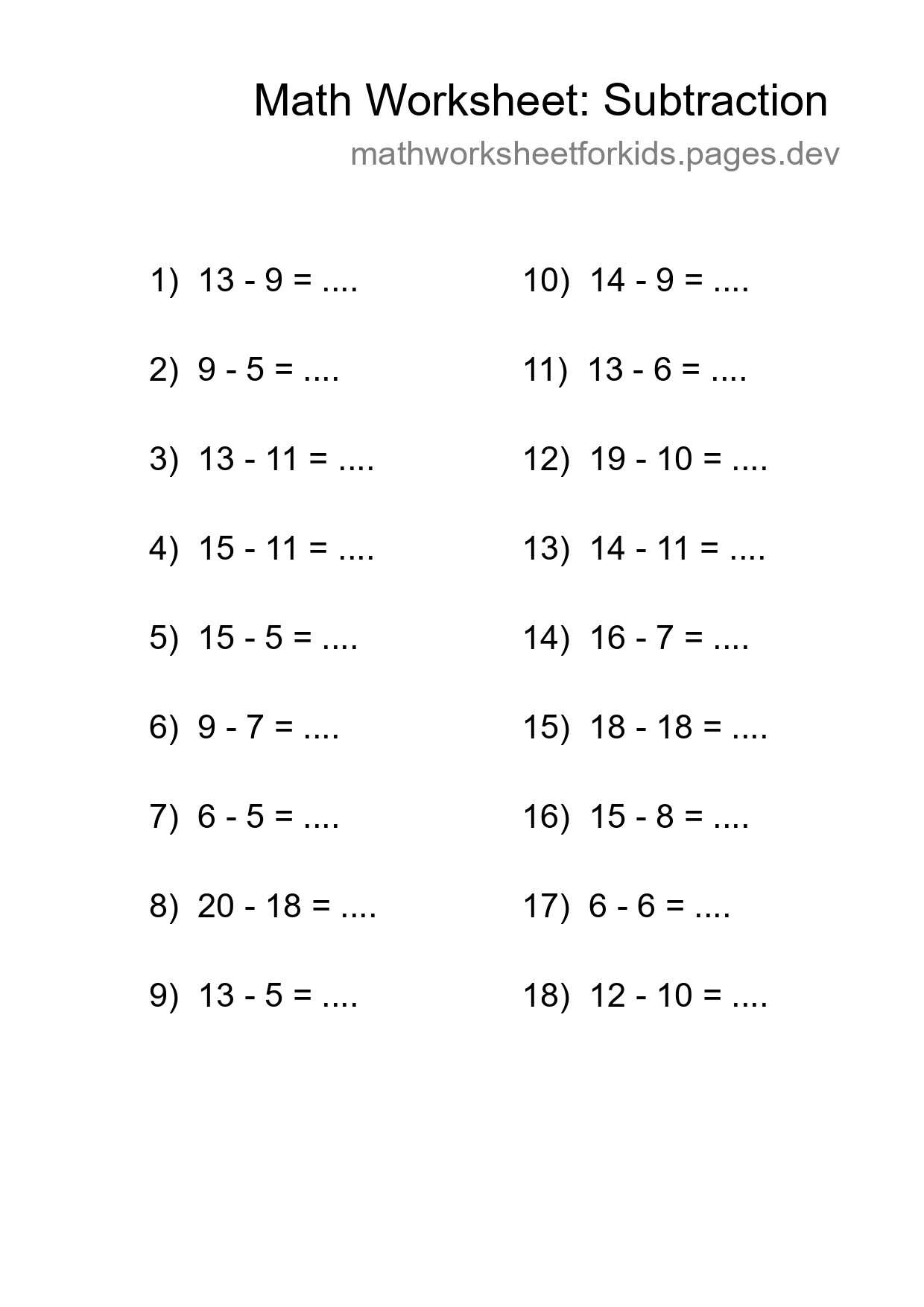 Grade 2 Subtraction Practice Worksheet (18 Problems) - Part 238