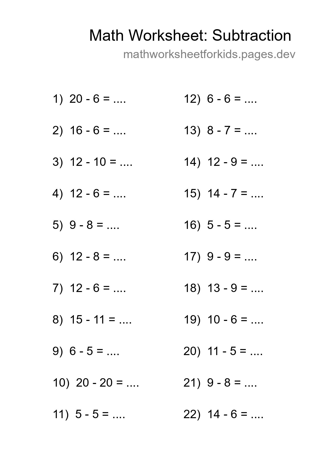 Grade 2 Subtraction Practice Worksheet (22 Problems) - Part 8