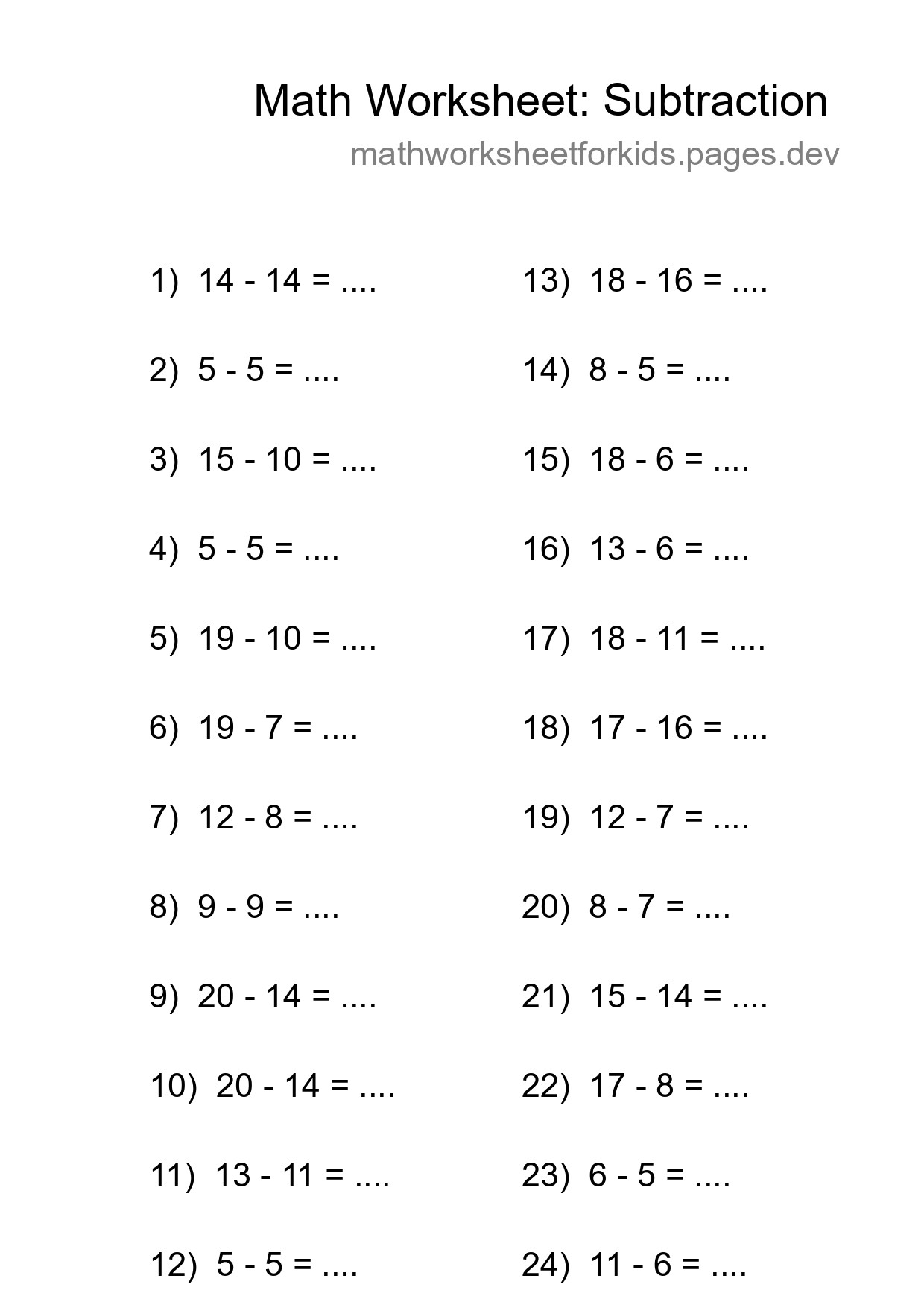 Grade 2 Subtraction Practice Worksheet (24 Problems) - Part 298