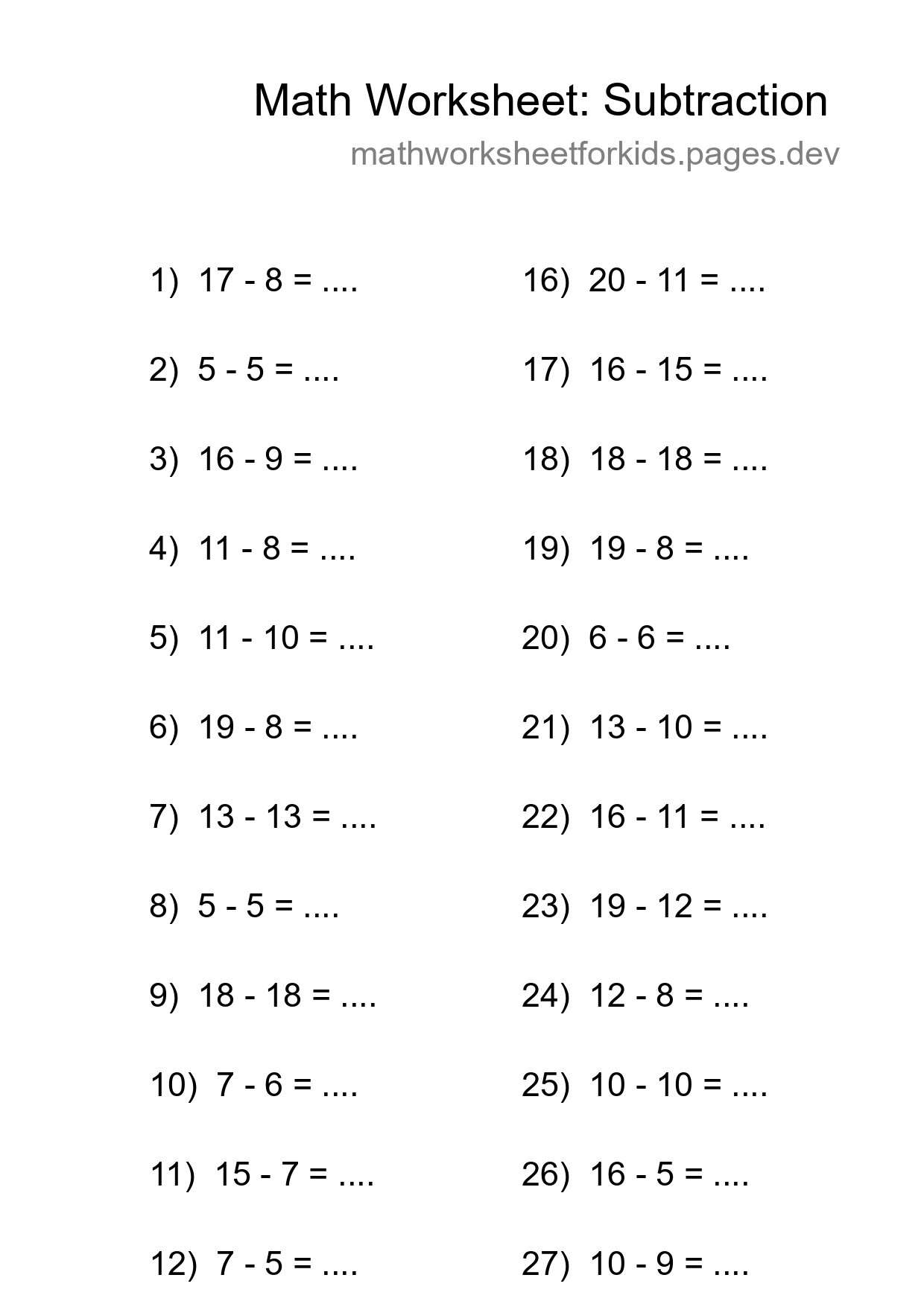 Grade 2 Subtraction Practice Worksheet (30 Problems) - Part 38