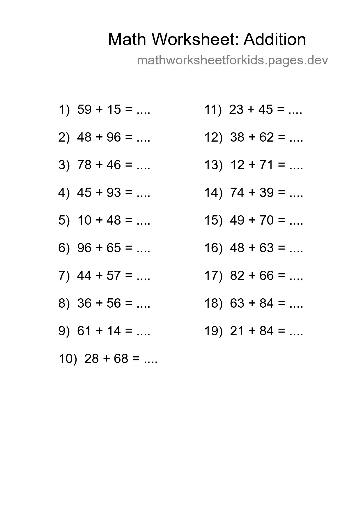 Grade 3 Addition Practice Worksheet (19 Problems) - Part 121
