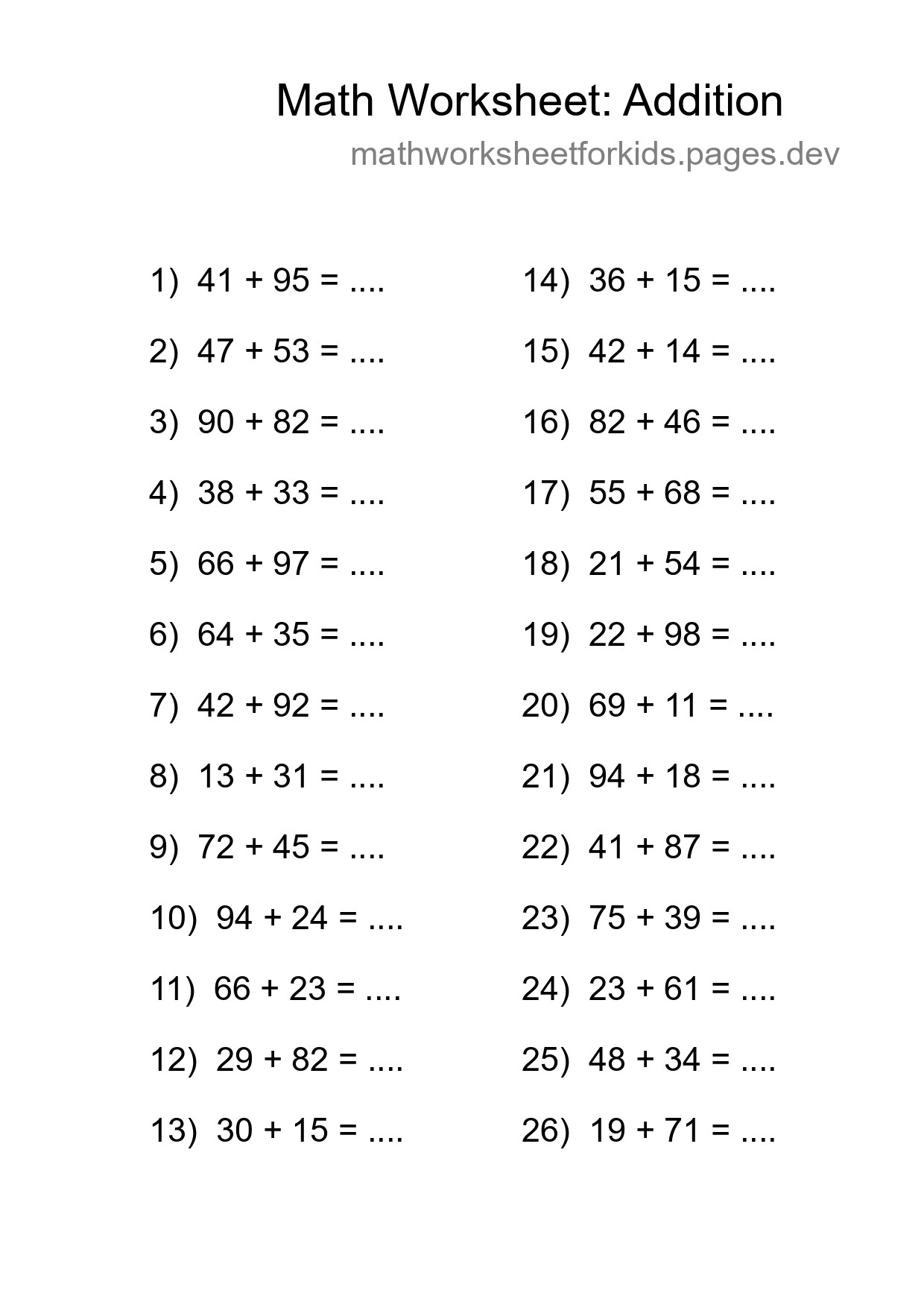 Grade 3 Addition Practice Worksheet (26 Problems) - Part 221
