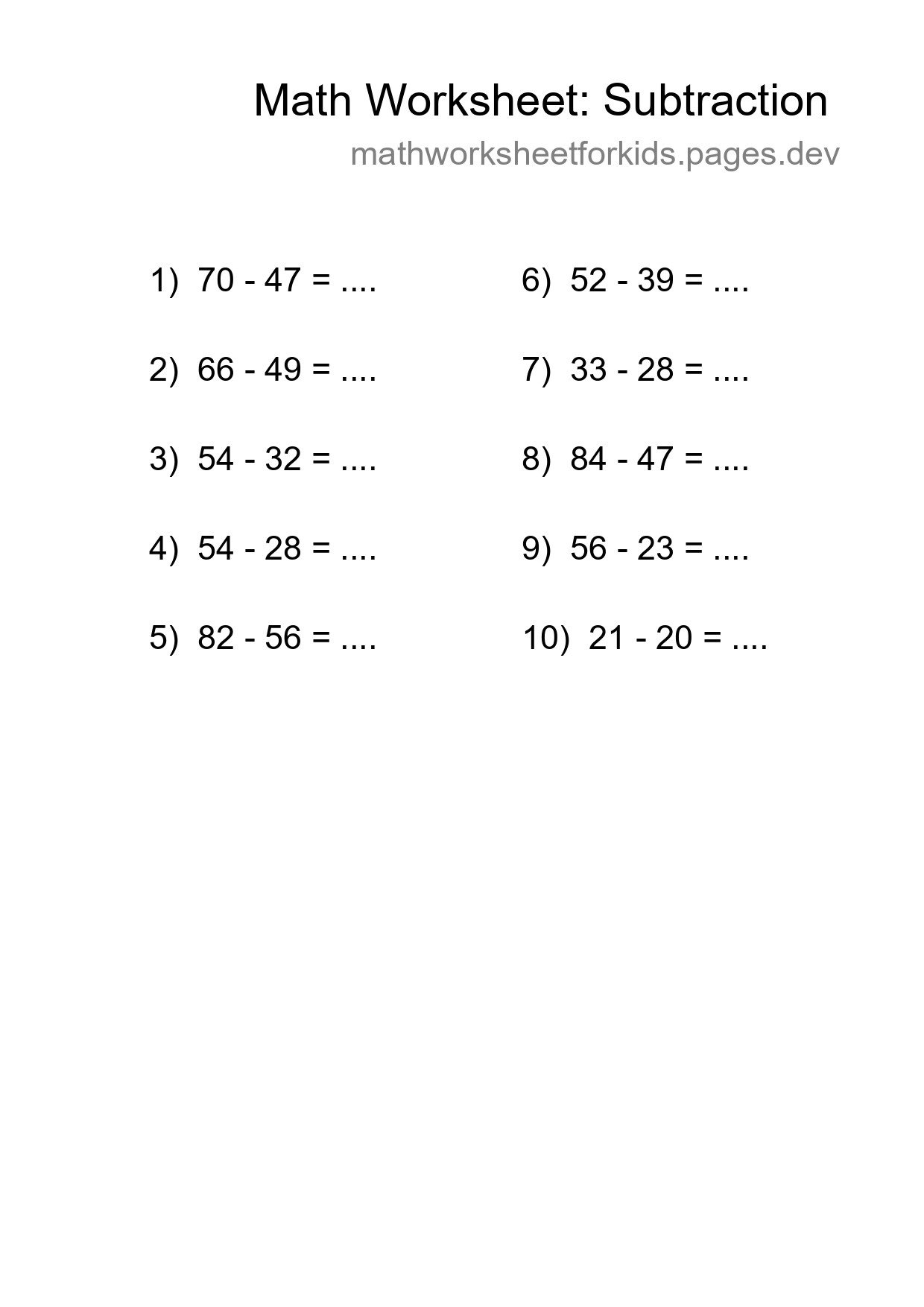 Grade 3 Subtraction Practice Worksheet (10 Problems) - Part 108
