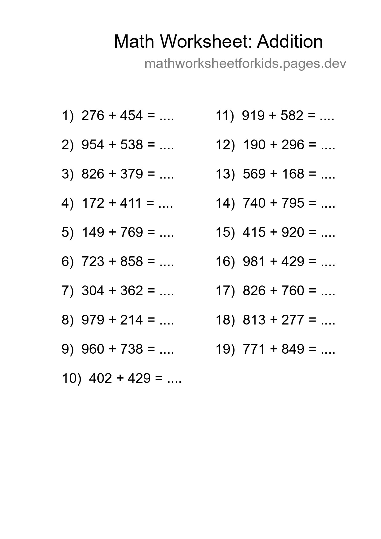Grade 5 Addition Practice Worksheet (19 Problems) - Part 231