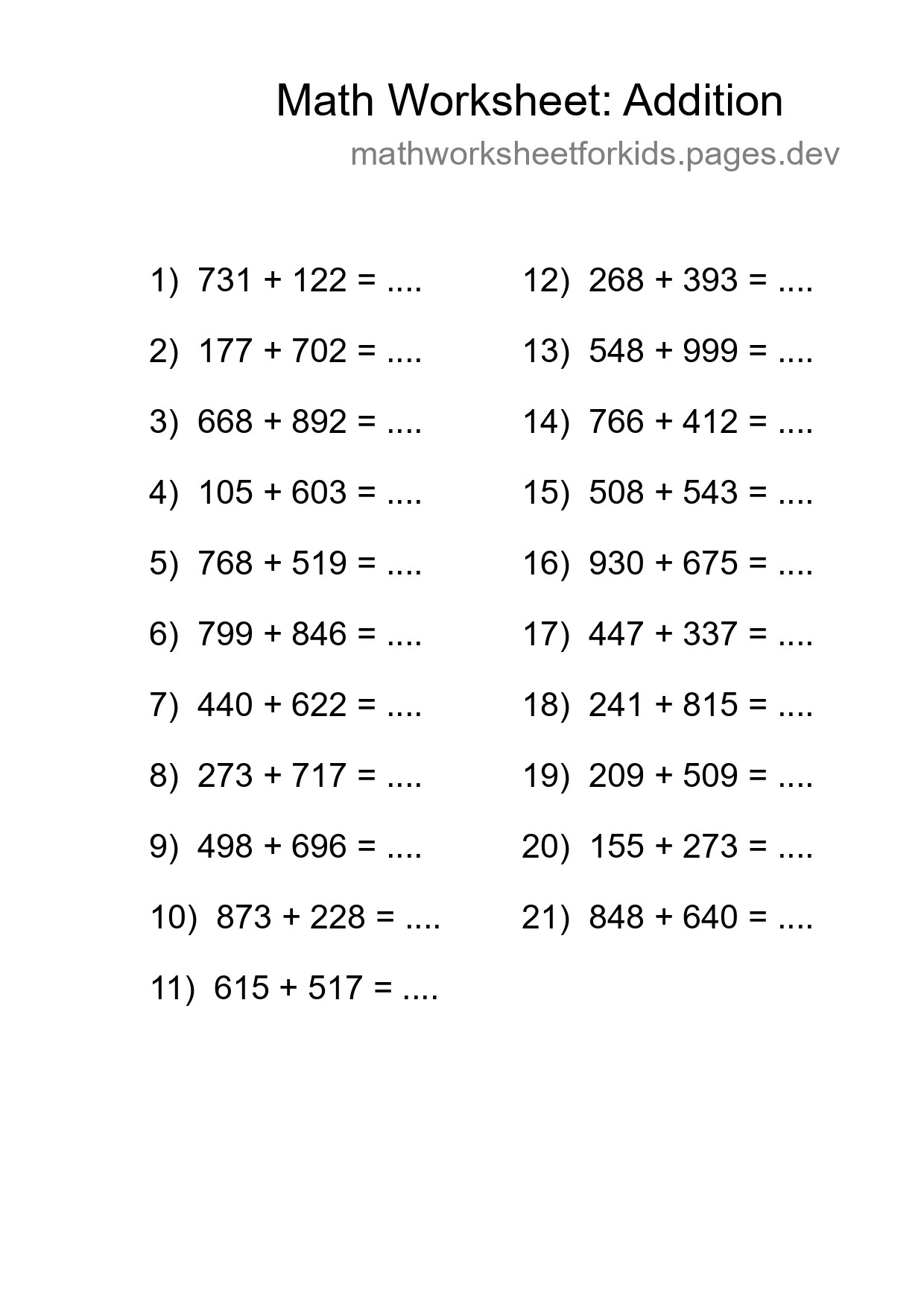 Grade 5 Addition Practice Worksheet (21 Problems) - Part 261