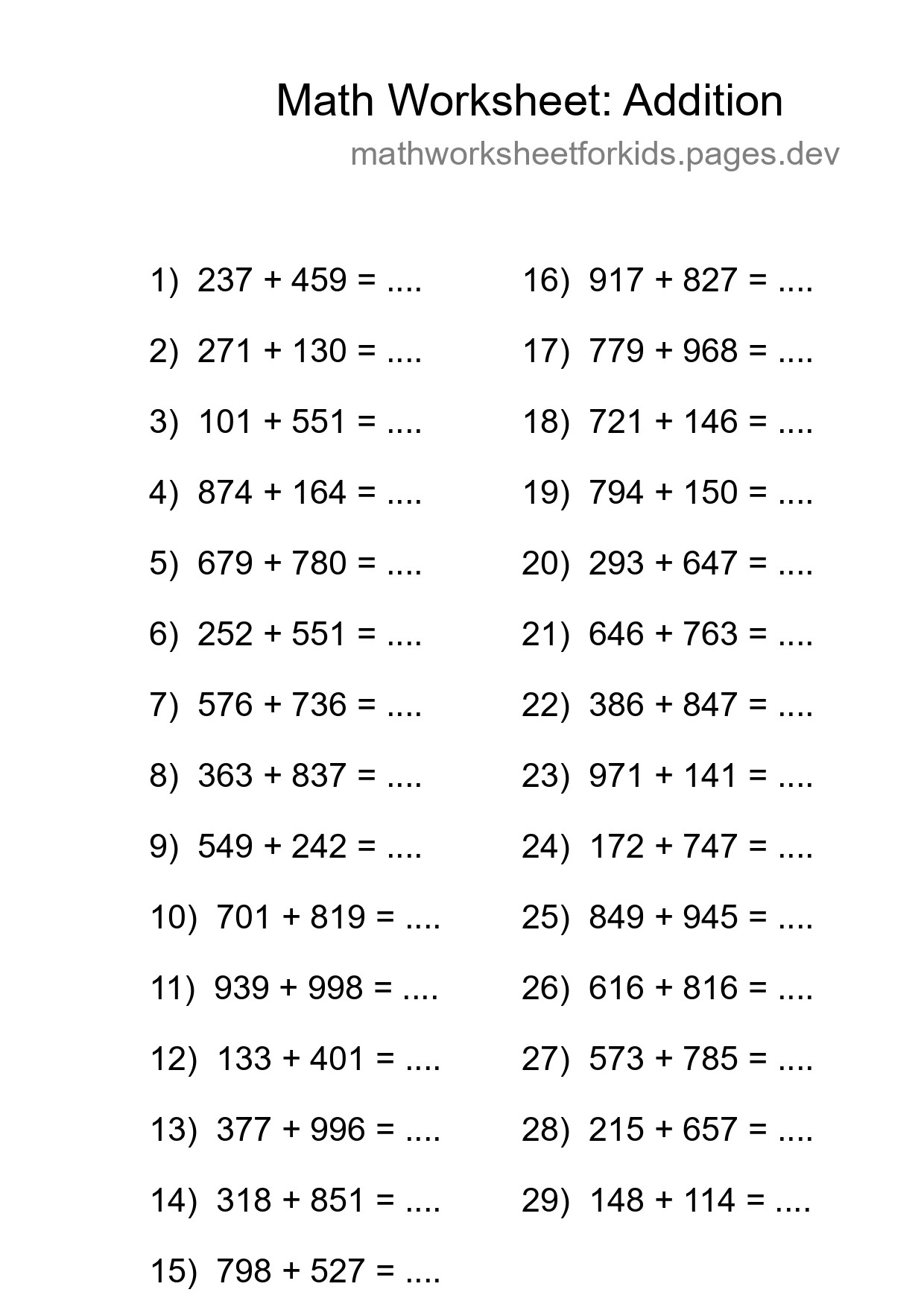 Grade 5 Addition Practice Worksheet (29 Problems) - Part 101