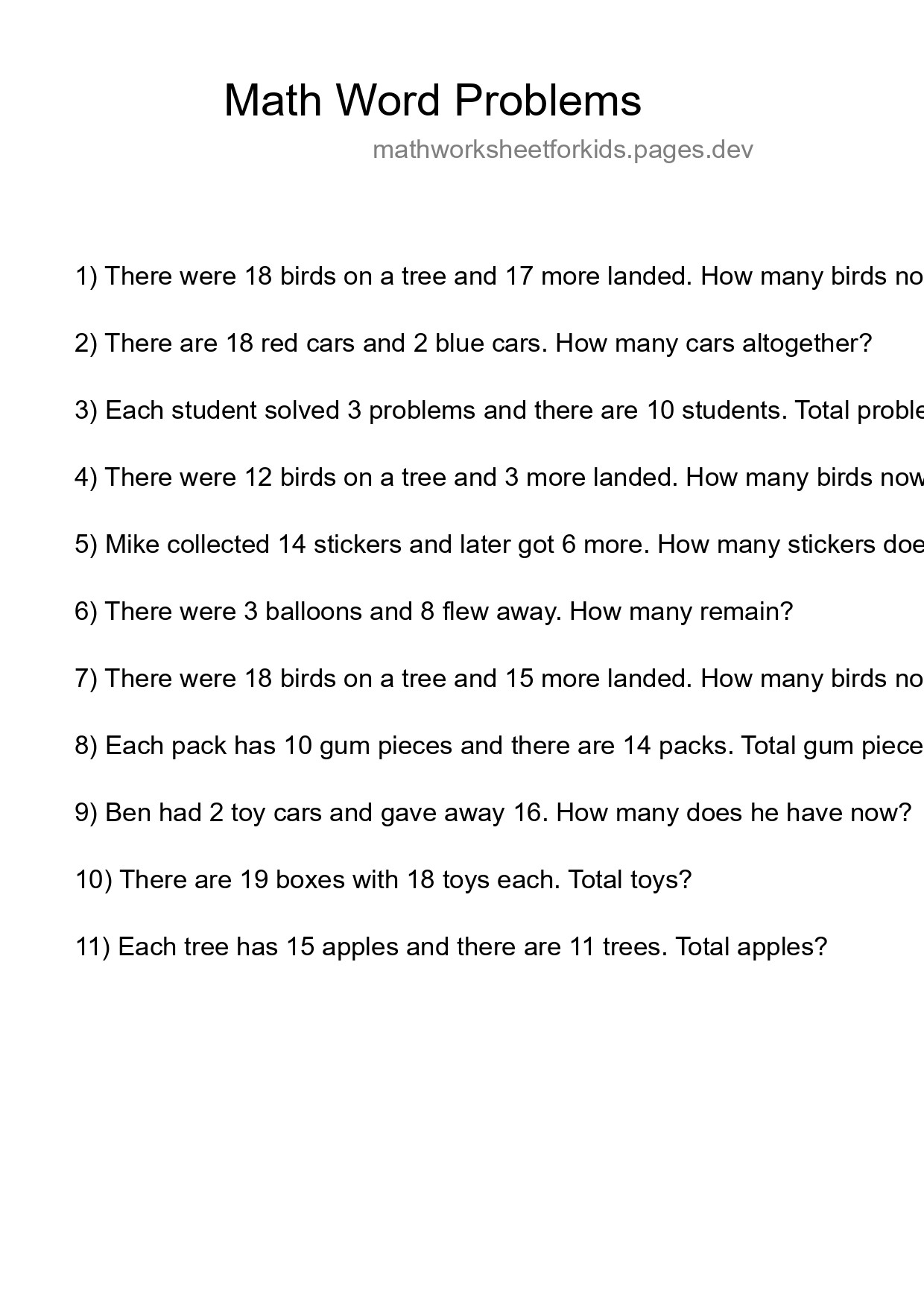 Math Word Problem Worksheet