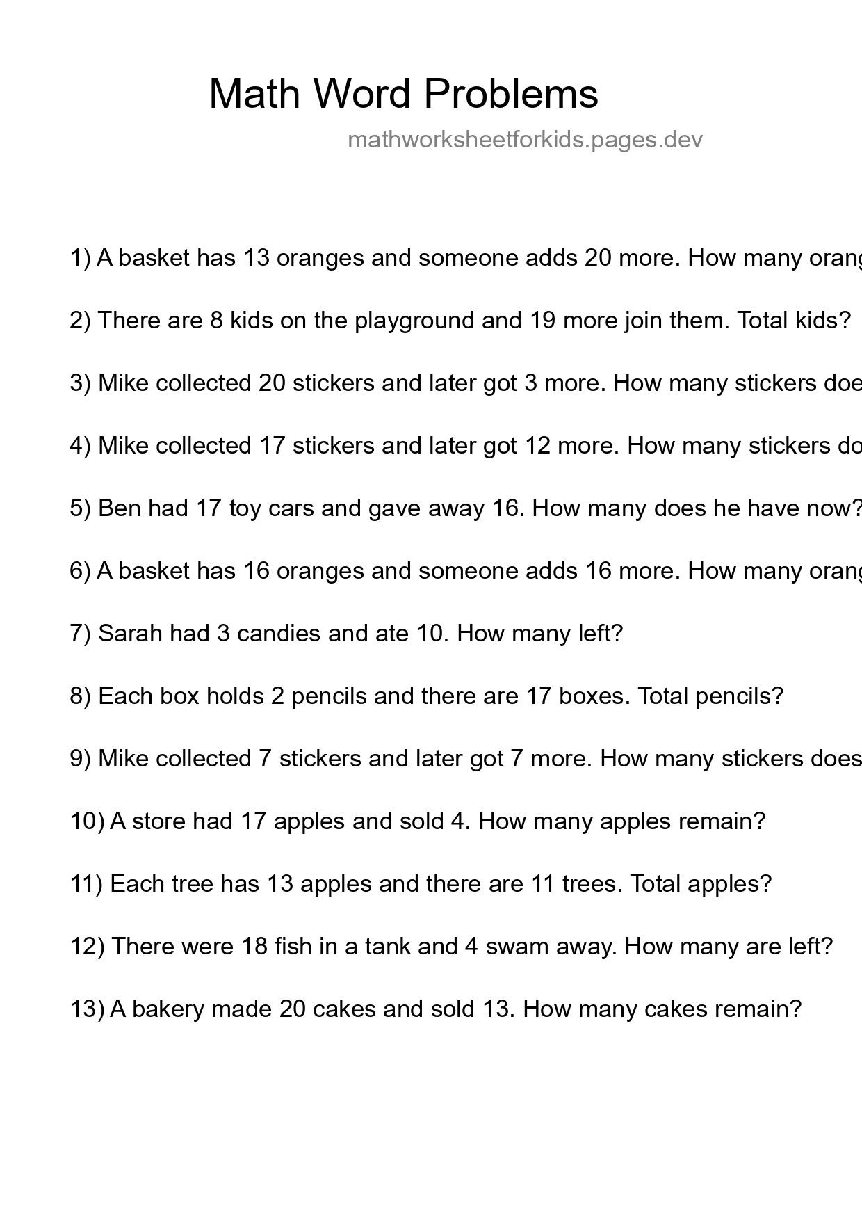 Math Word Problem Worksheet