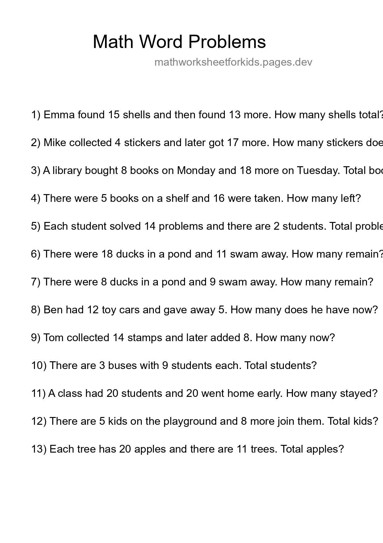 Math Word Problem Worksheet