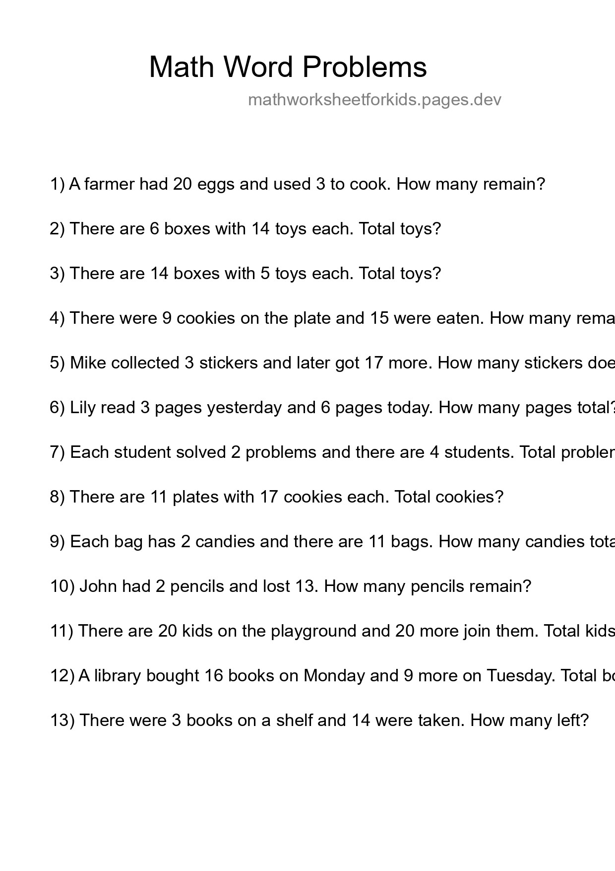 Math Word Problem Worksheet