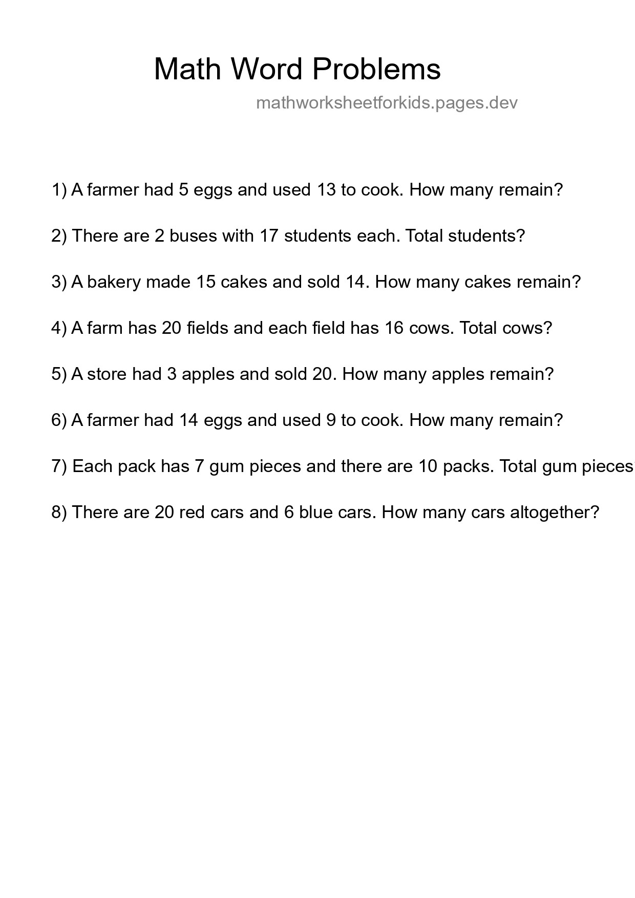 Math Word Problem Worksheet