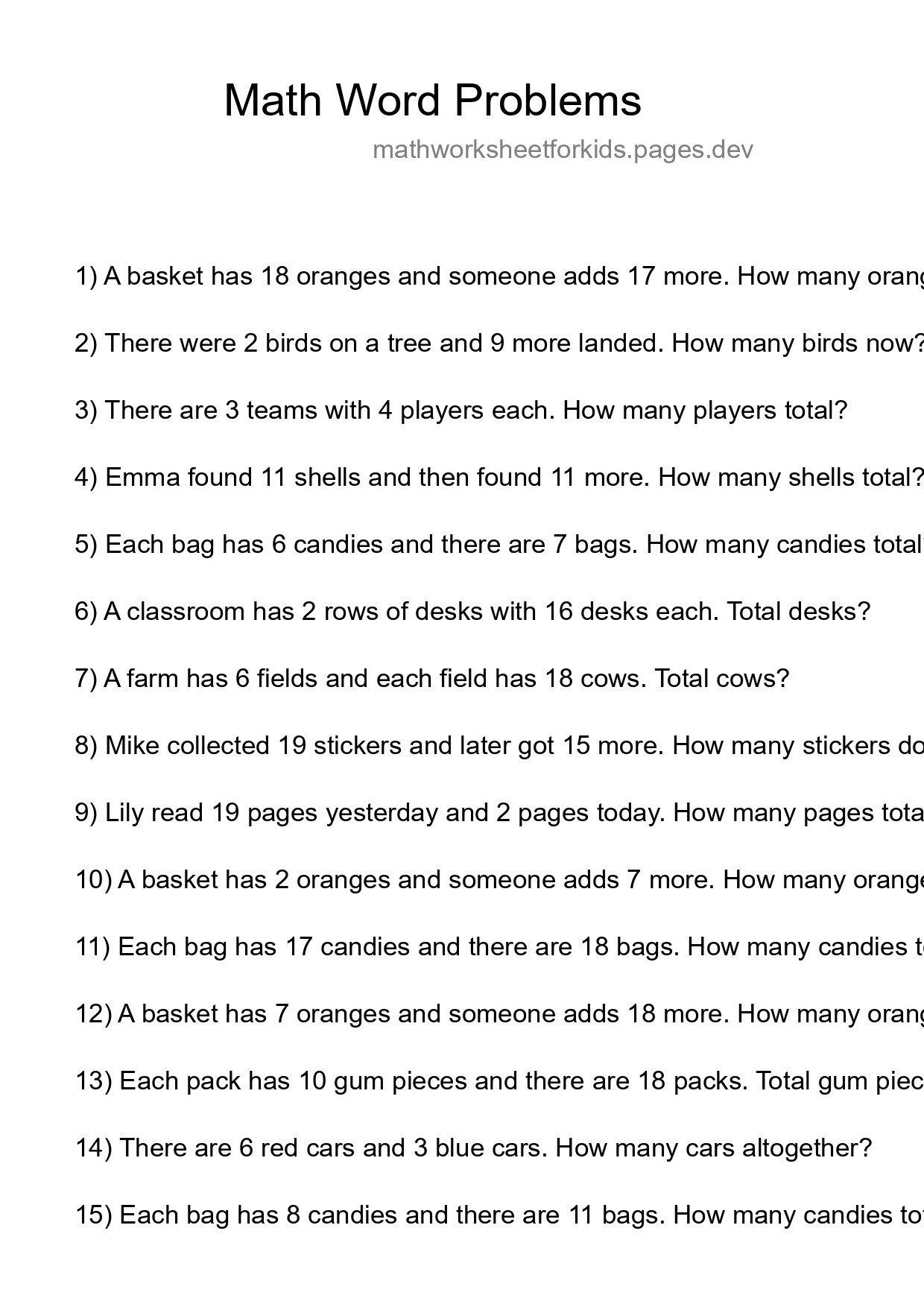 Math Word Problem Worksheet