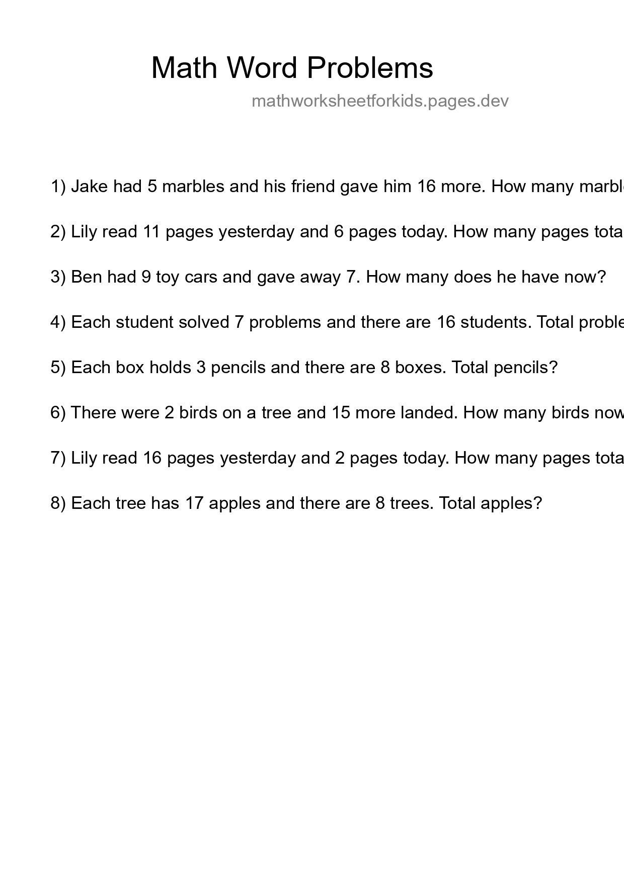 Math Word Problem Worksheet
