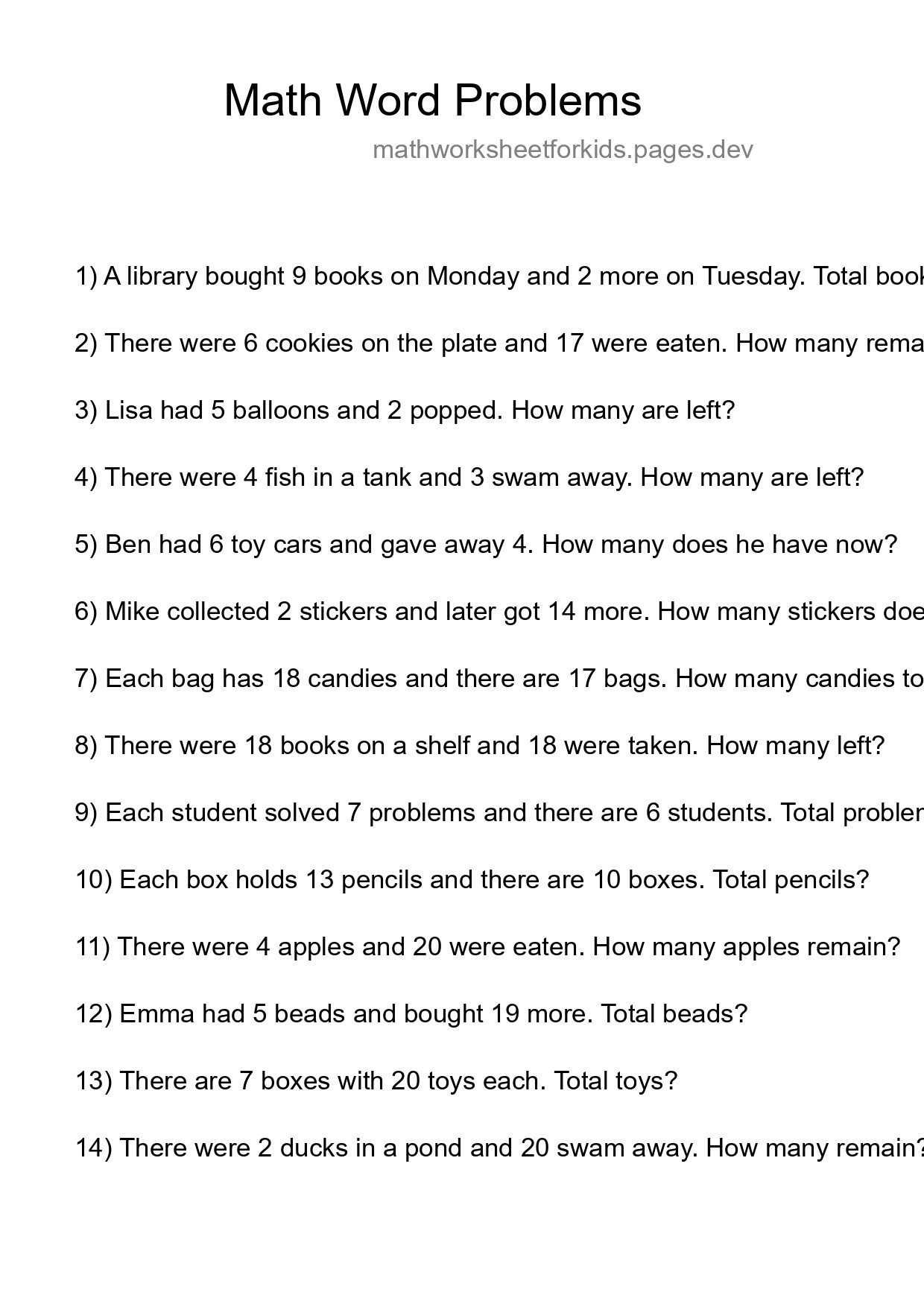 Math Word Problem Worksheet