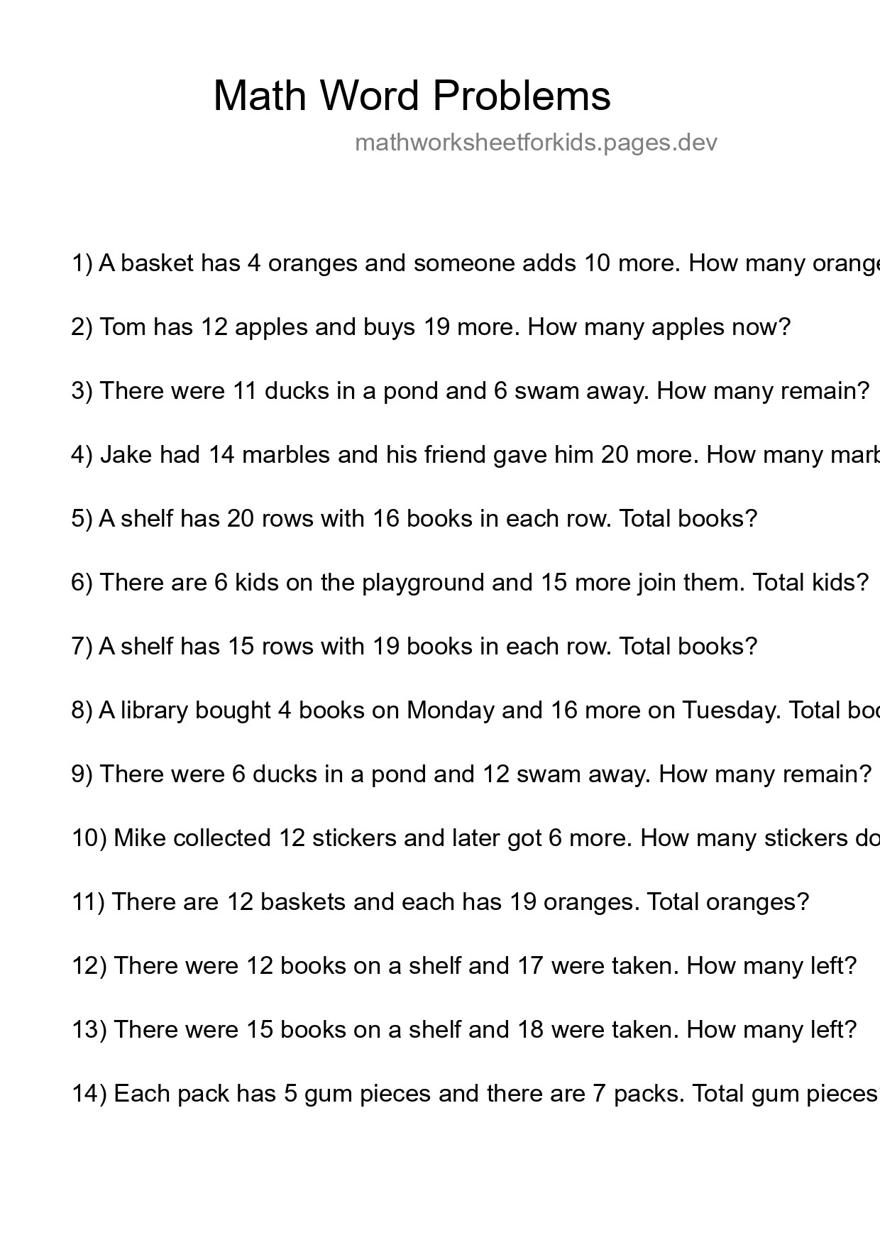 Math Word Problem Worksheet