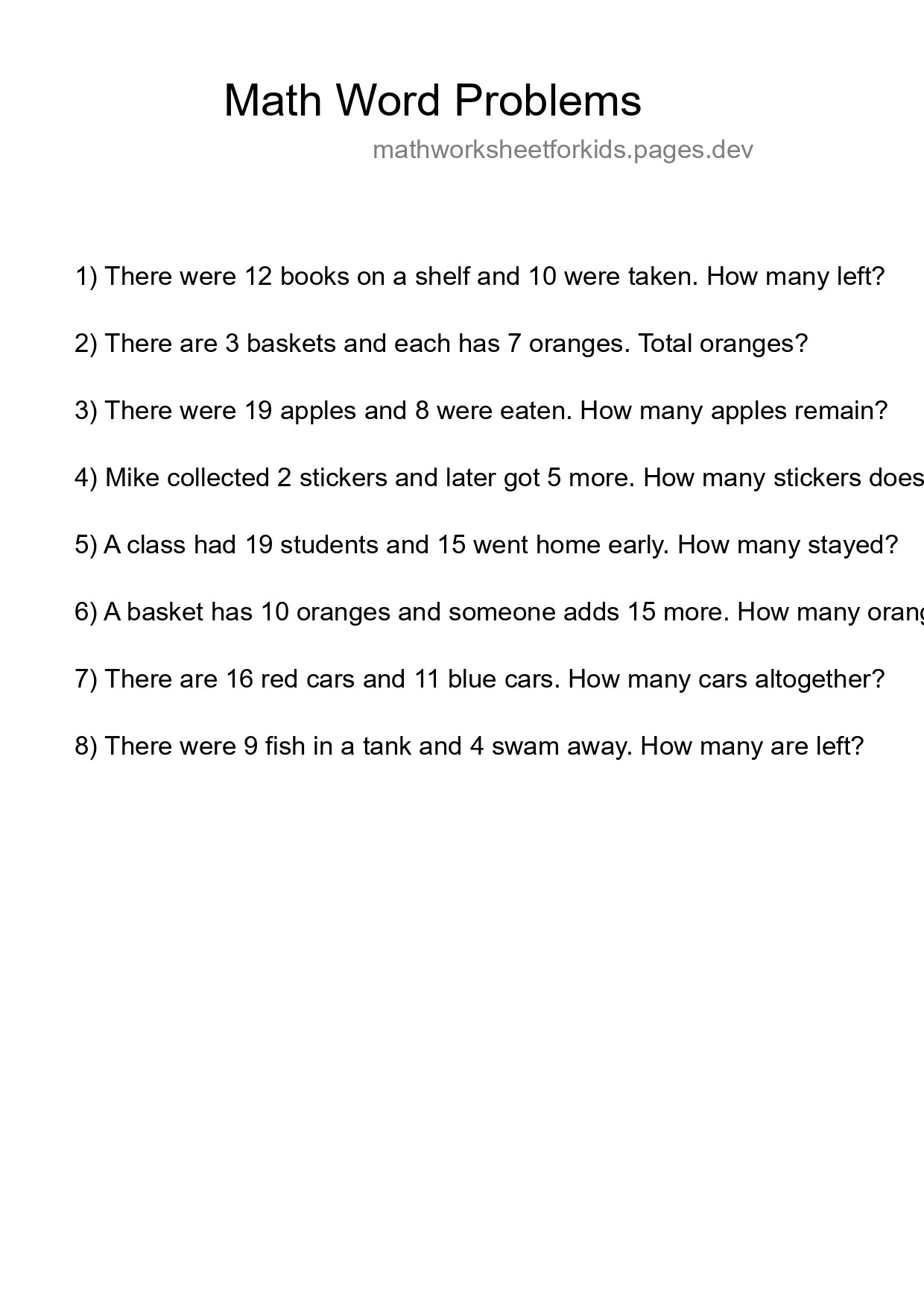 Math Word Problem Worksheet